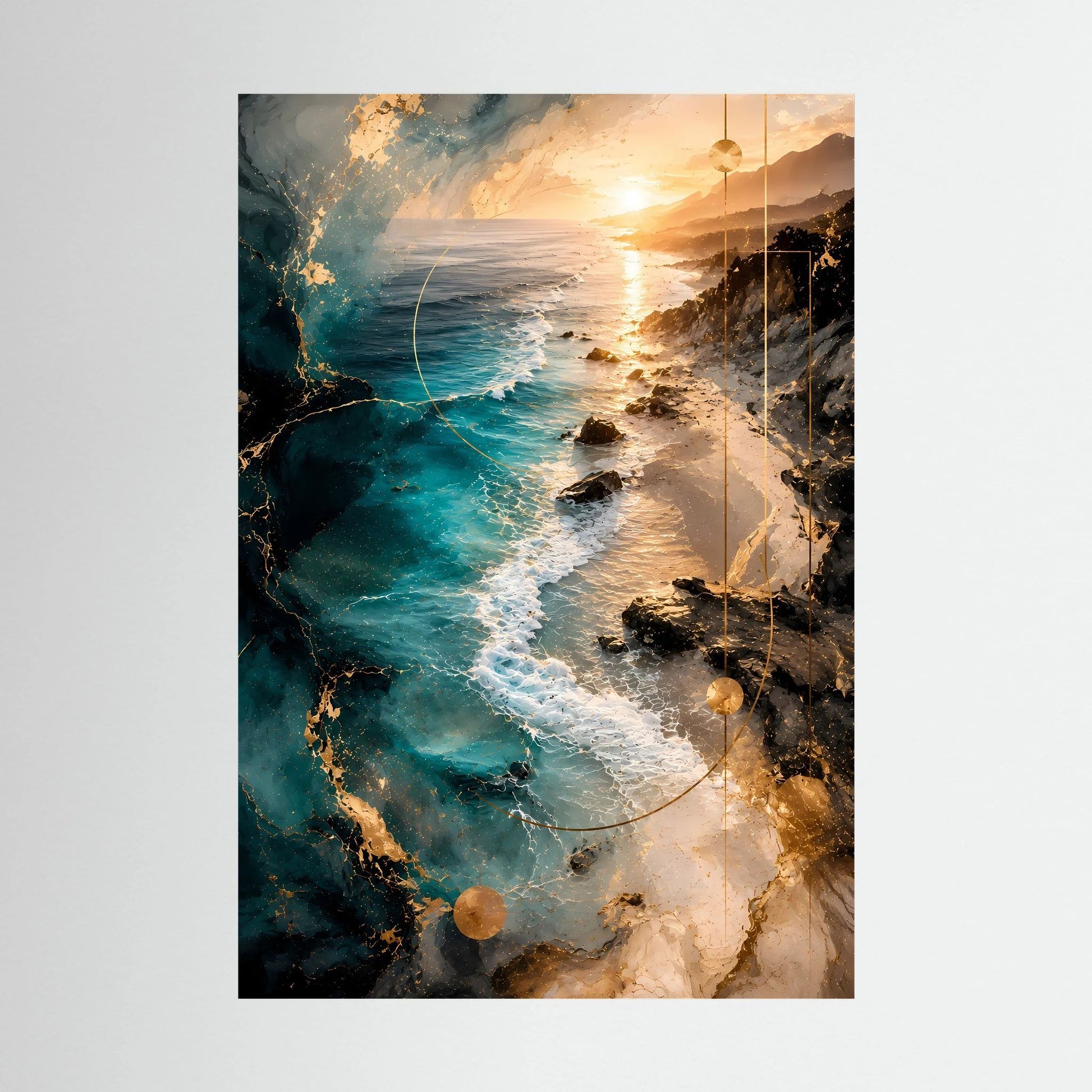 Hochformatiges Poster mit türkisblauem Meer, goldener Sonne und abstrakter Küste