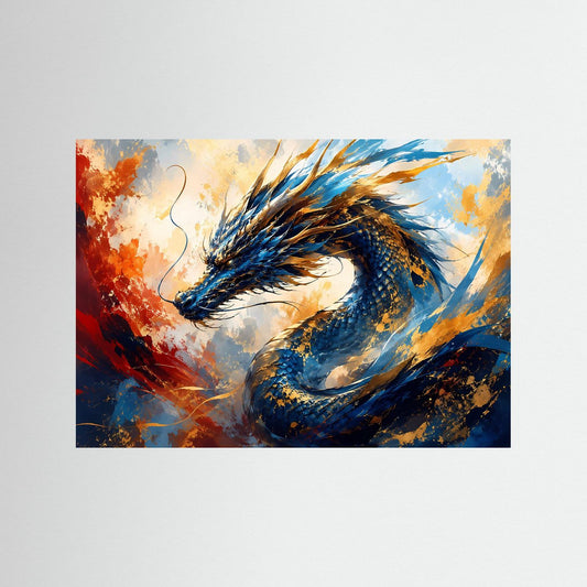 Fantasy-Wandbild: blauer Drache mit goldenen Akzenten und Flammen, ohne Rahmen