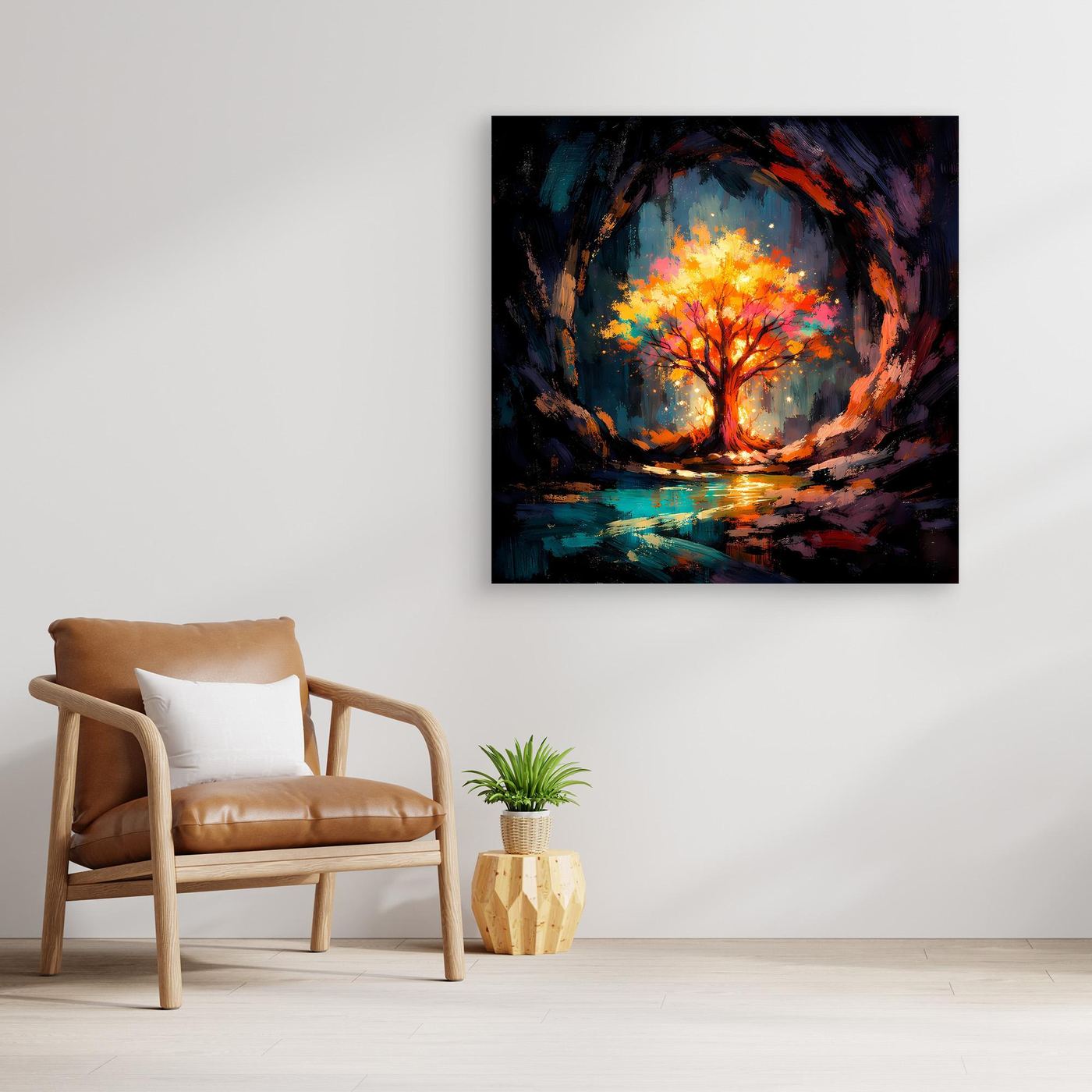Abstract life tree canvas painting with glowing orange-yellow tree in dark blue scene