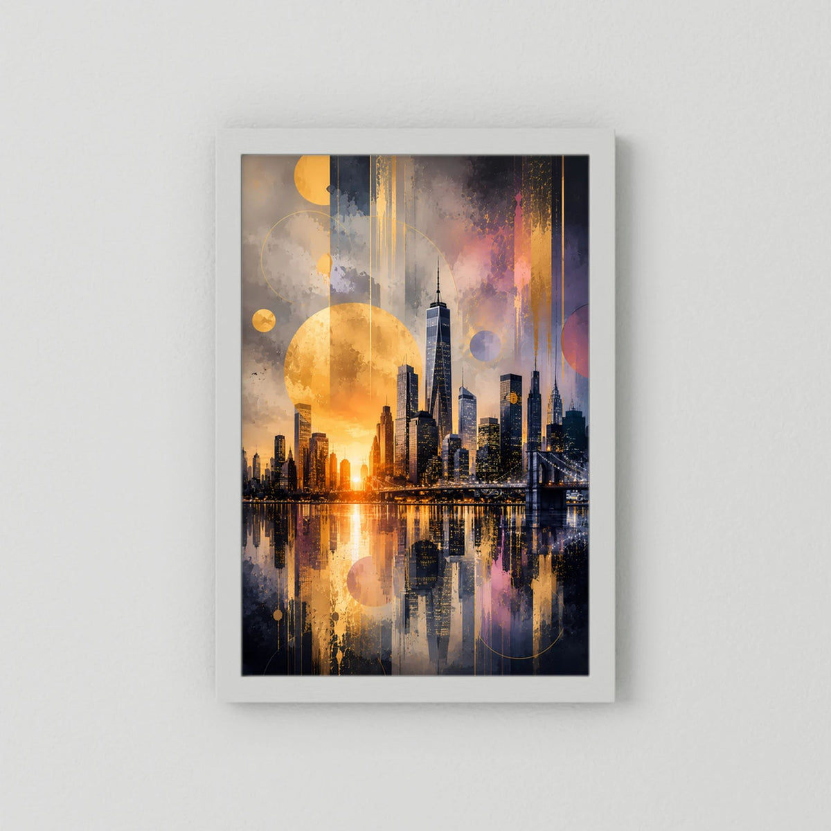 Abstraktes Poster (Hochformat) mit Skyline in Gold- und Blautönen, Reflexionen, weißer Rahmen
