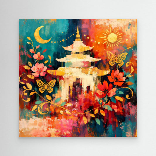 Wandbild mit goldener Pagode, Mond, Sonne, Blumen und Schmetterlingen im weißem Rahmen
