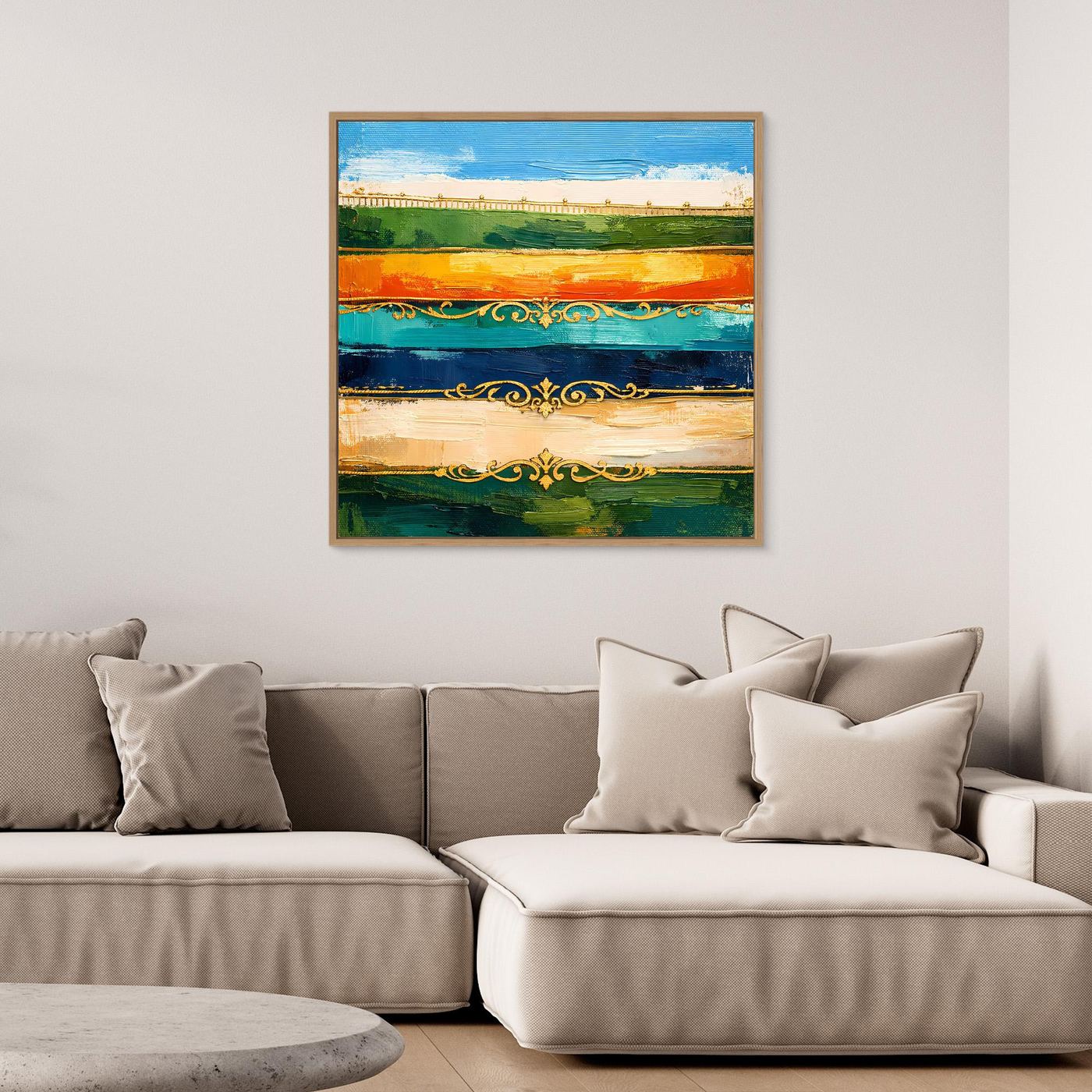 Leinwand Elegante Abstrakte Farbstreifen | Modernes Wandbild mit Goldornamenten