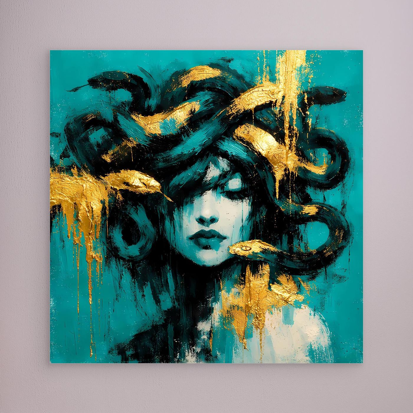 Leinwand Mythische Medusa in Türkis und Gold | Abstraktes Gorgonen Wandbild