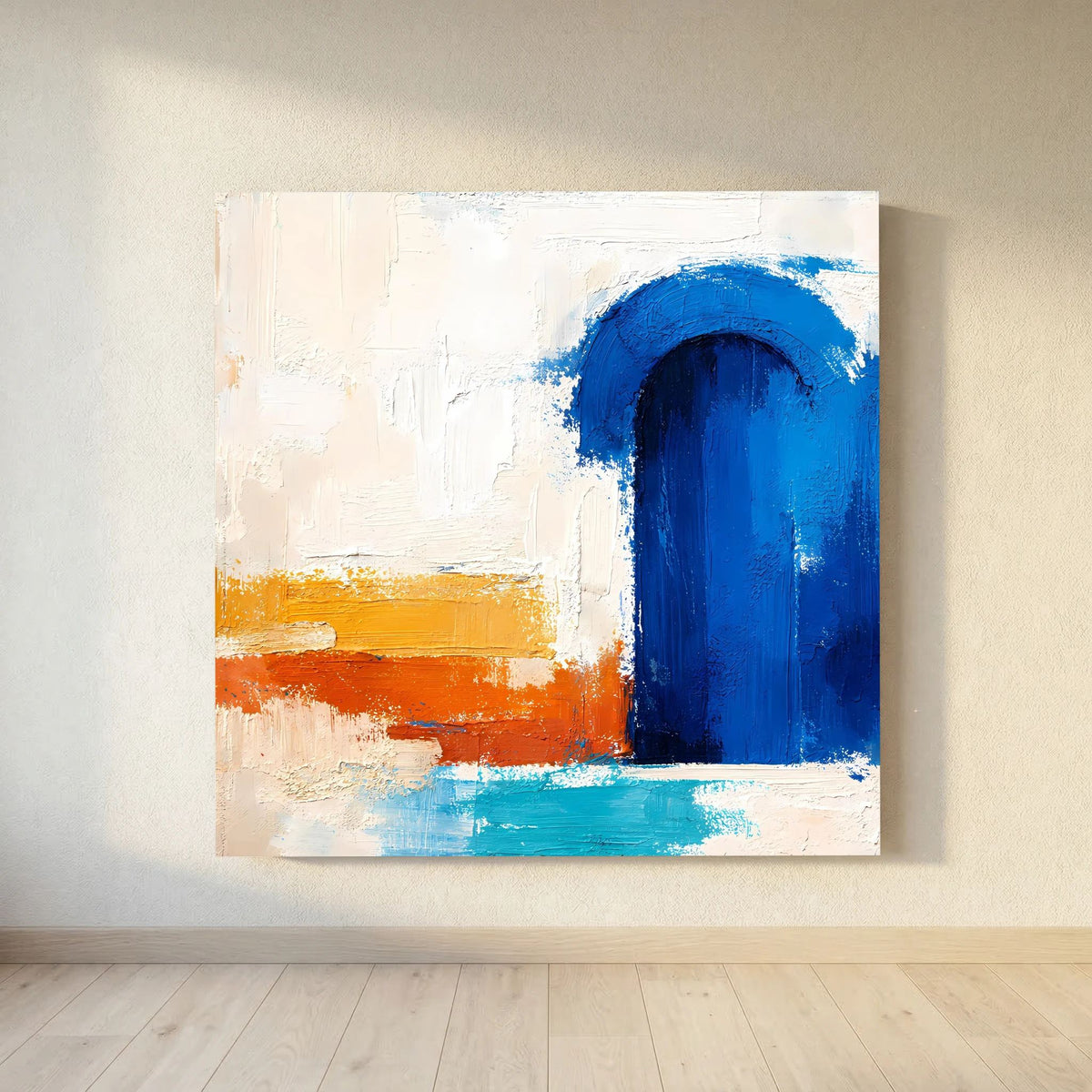 Weiß gerahmtes Leinwandbild mit blauem Rundbogen und orangefarbener Farbfläche unten