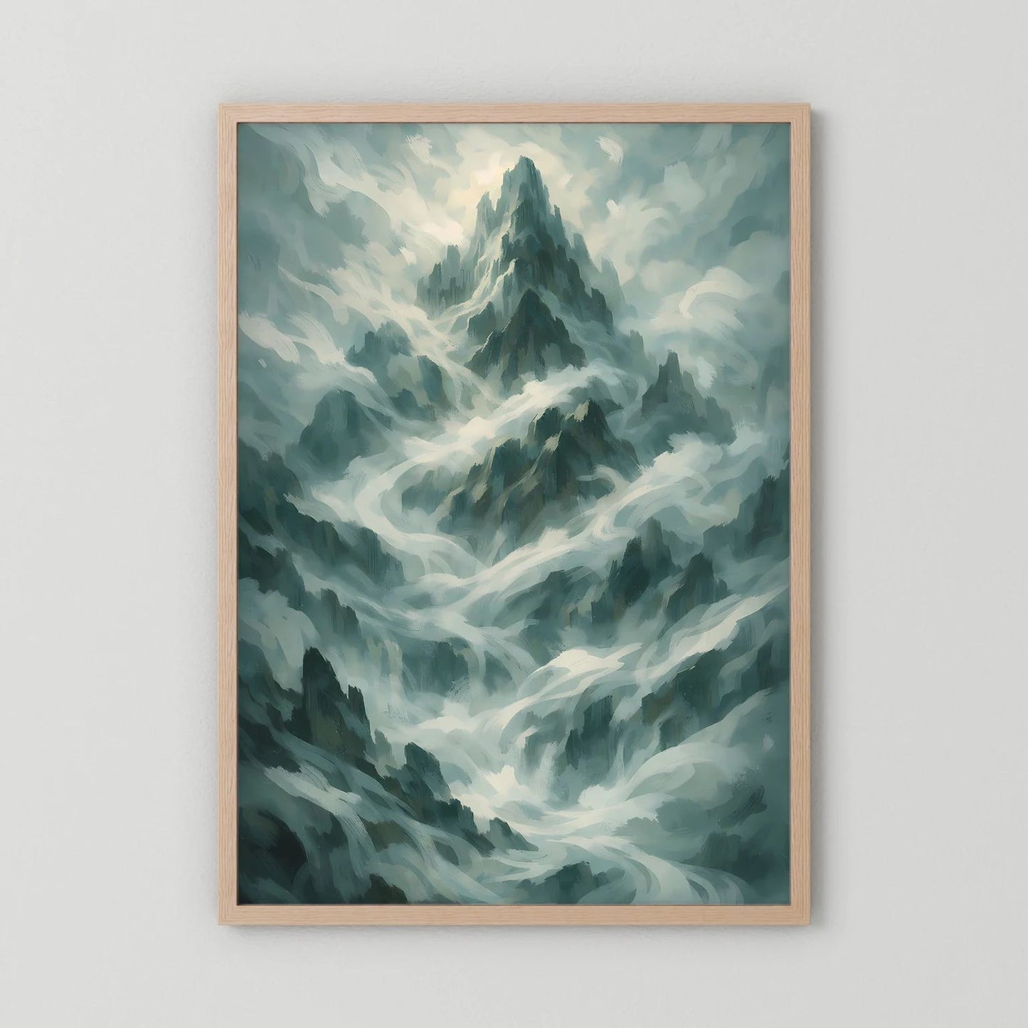 Poster Hochformat mit mystischer Berglandschaft in Salbeigrün und Grau, Eichenholzrahmen