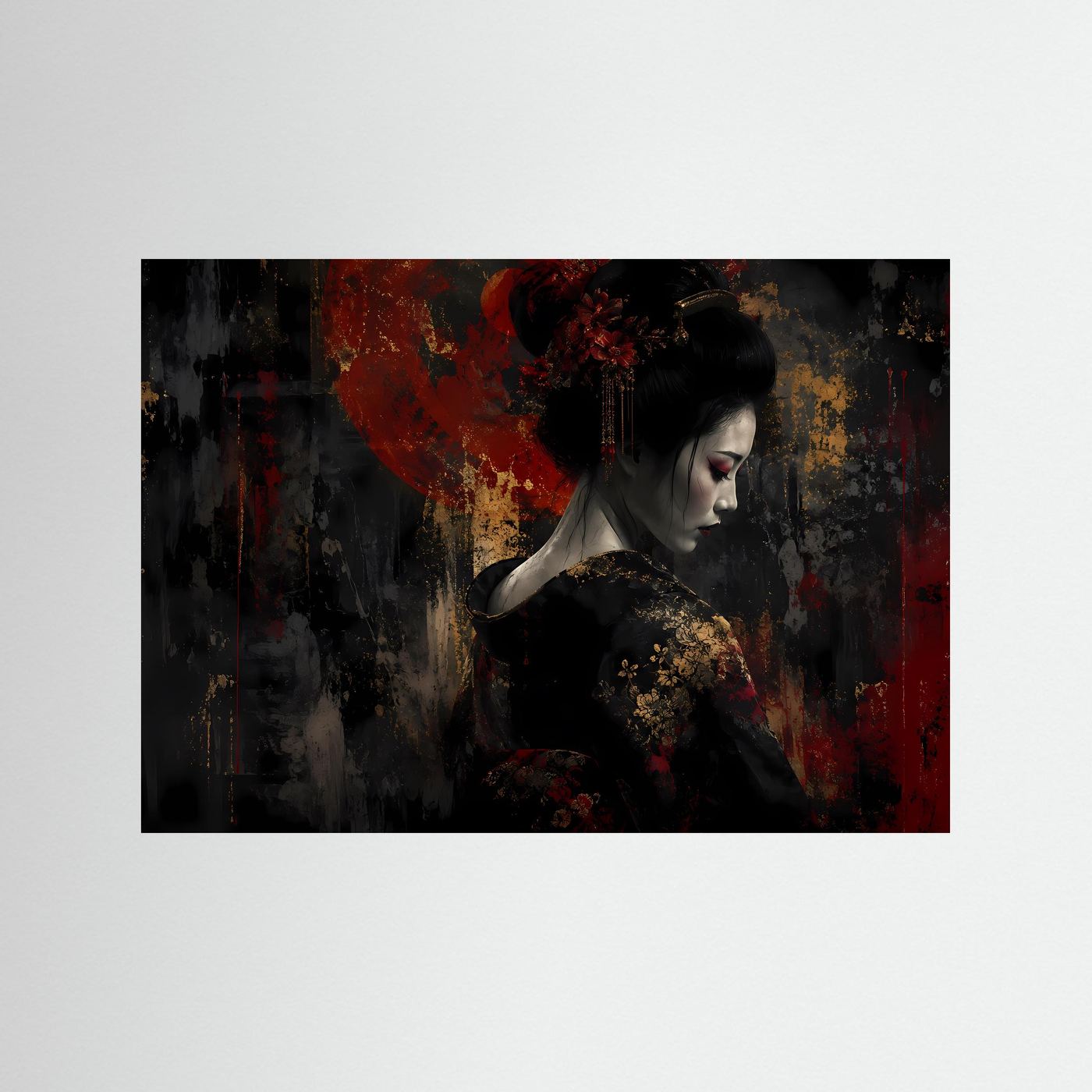 Japan-Kunstposter mit Porträt einer Geisha, schwarz-rot mit goldenen Akzenten, querformatig
