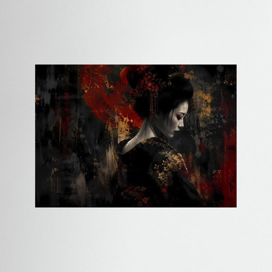 Japan-Kunstposter mit Porträt einer Geisha, schwarz-rot mit goldenen Akzenten, querformatig