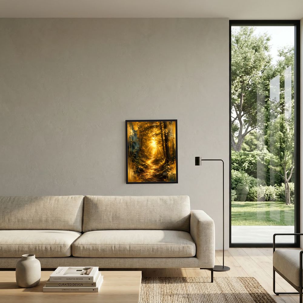 Poster mit Waldweg und goldenem Sonnenlicht, schwarz gerahmt