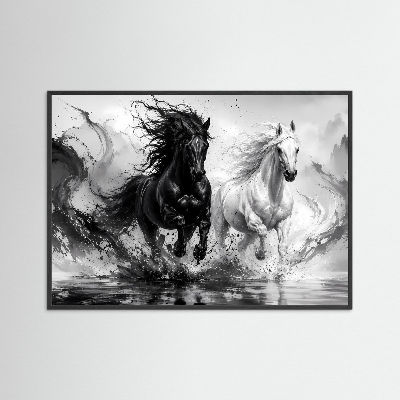 Schwarz Weiß Pferde Poster | Yin Yang Pferde Wandbild | Galoppierende Schwarze und Weiße Pferde | Moderne Abstrakte Pferdekunst