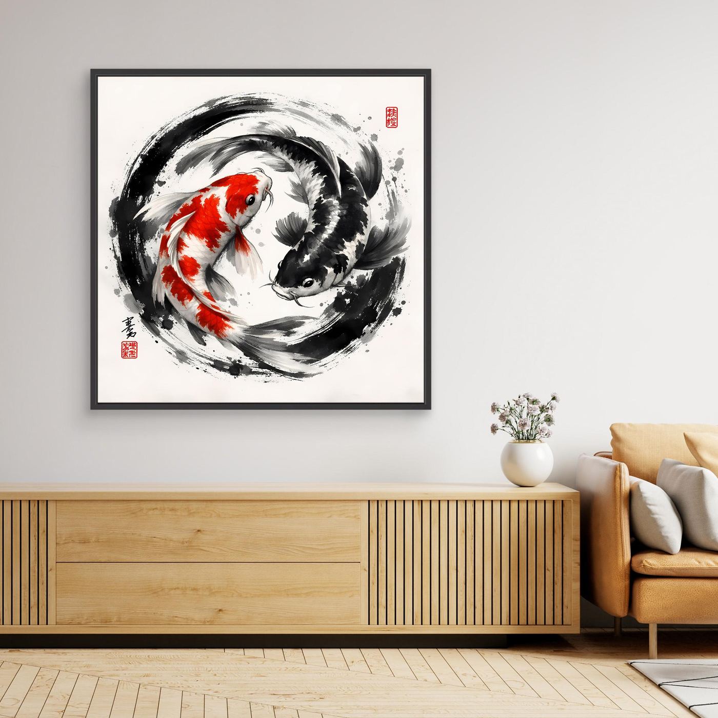 Leinwandbild mit Yin-Yang Koi-Karpfen, schwarz-weiß mit rotem Fisch, schwarzer Rahmen