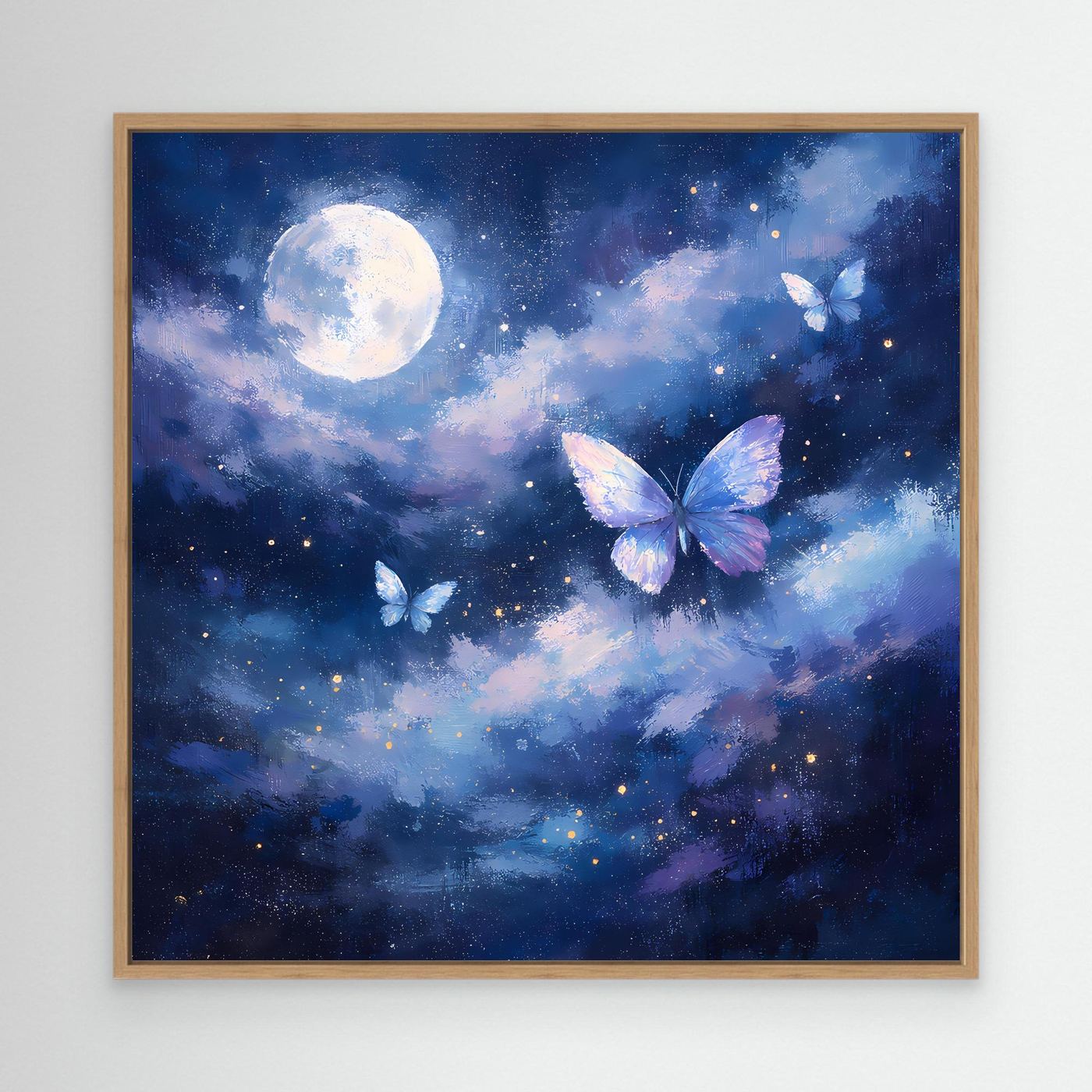 Leinwand-Wandbild mit Mond und Schmetterlingen im Sternenhimmel, Eichenrahmen