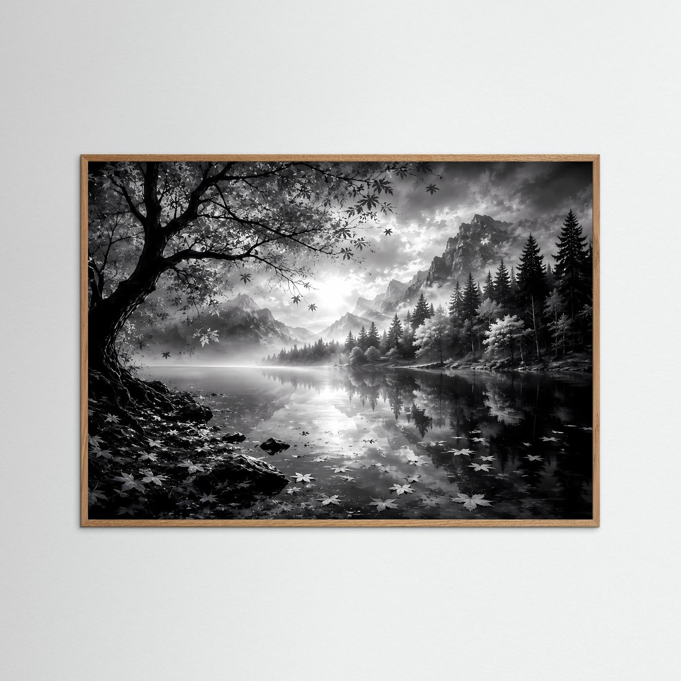 Schwarz Weiß Landschaft Poster | Bergsee Wandbild | Nebel Berge Natur | Monochrome Wandkunst | Moderner Fine Art Print