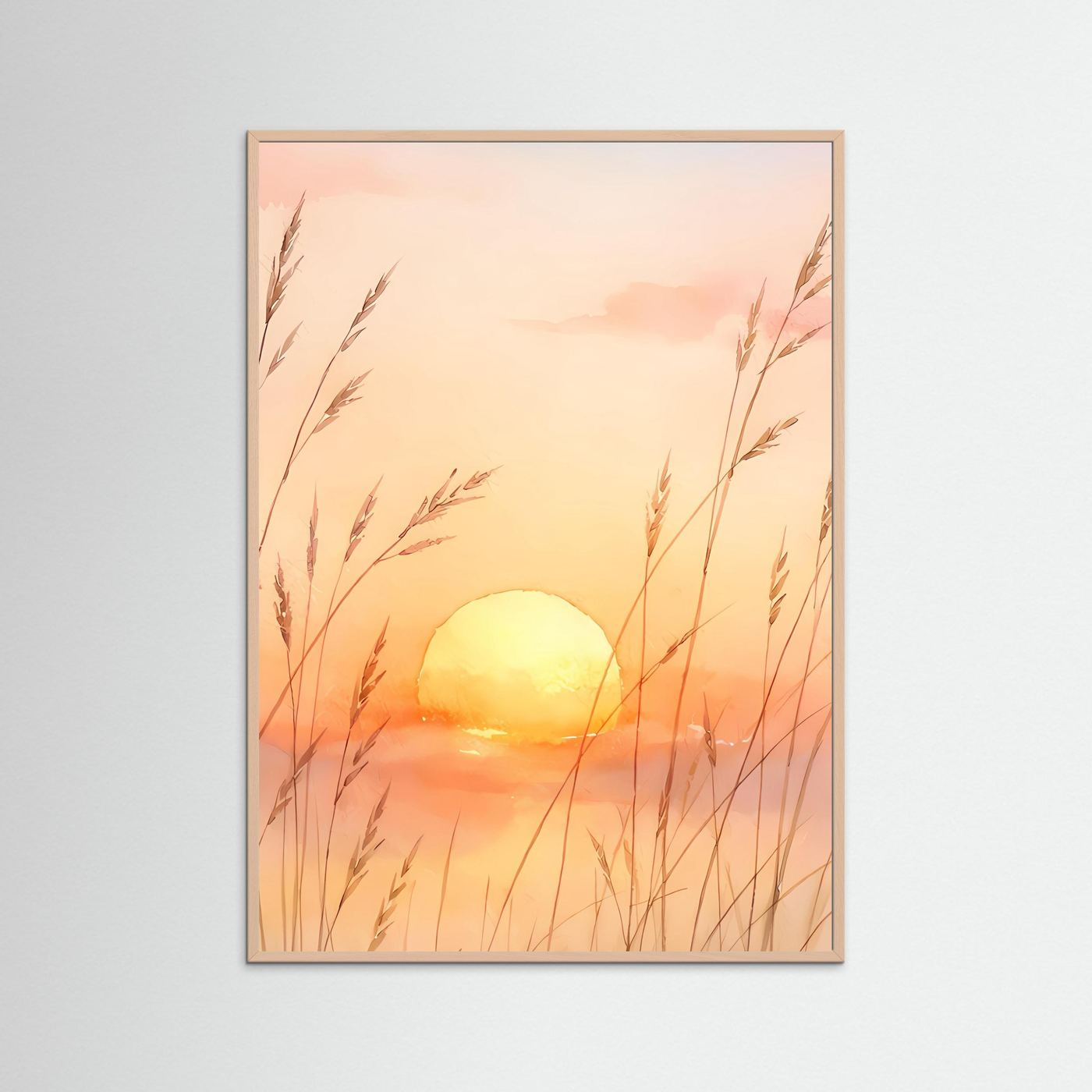 Wandbild mit Sonnenuntergang über Gräsern, beige gerahmt