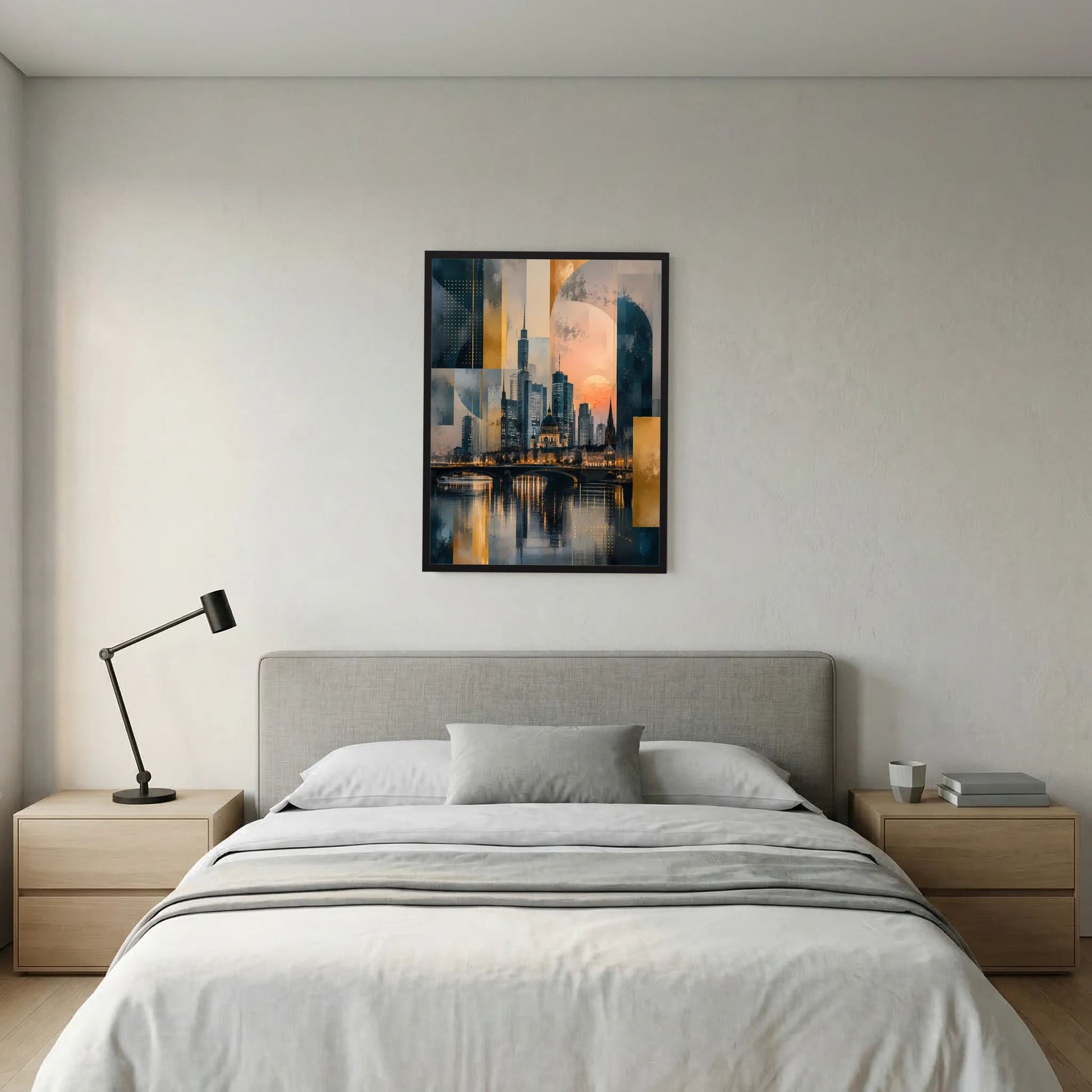 Poster im Hochformat: abstrakte Stadtansicht am Fluss, Gold und Petrol, schwarzer Rahmen