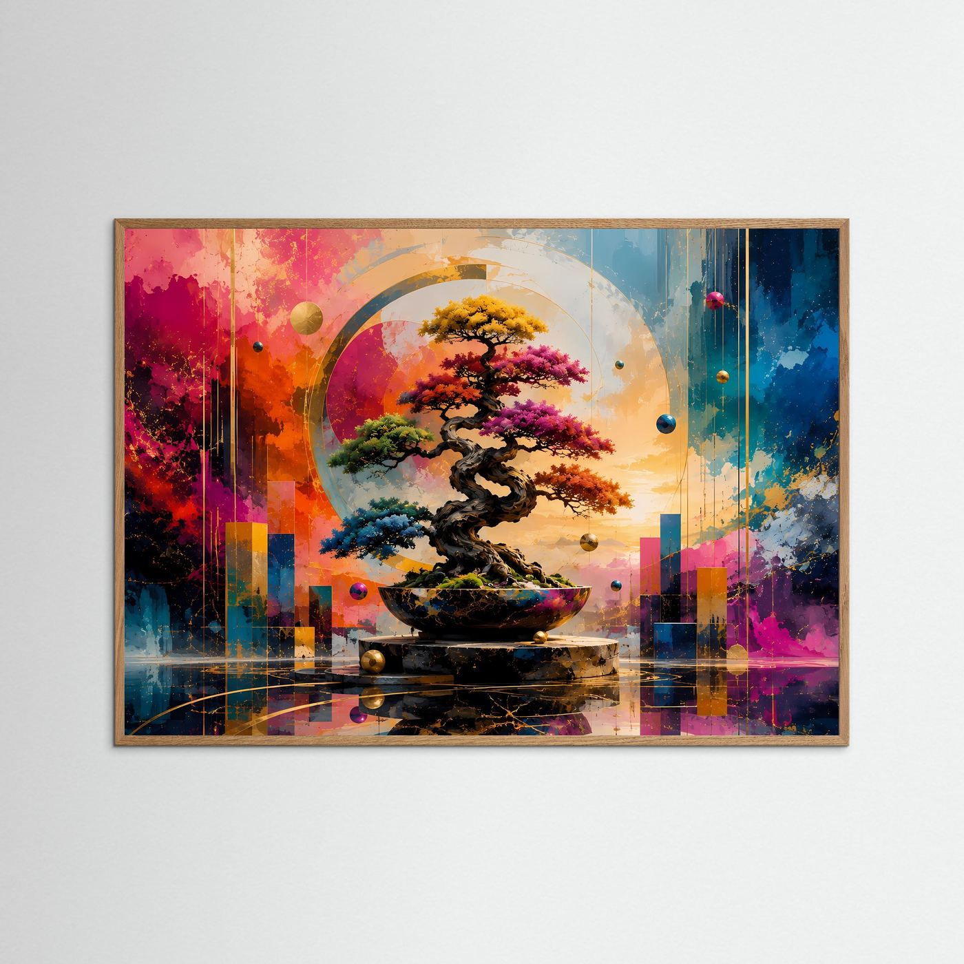 Farbenfroher Bonsai in Gold, Pink & Blau | Abstrakte moderne Zen-Wandkunst