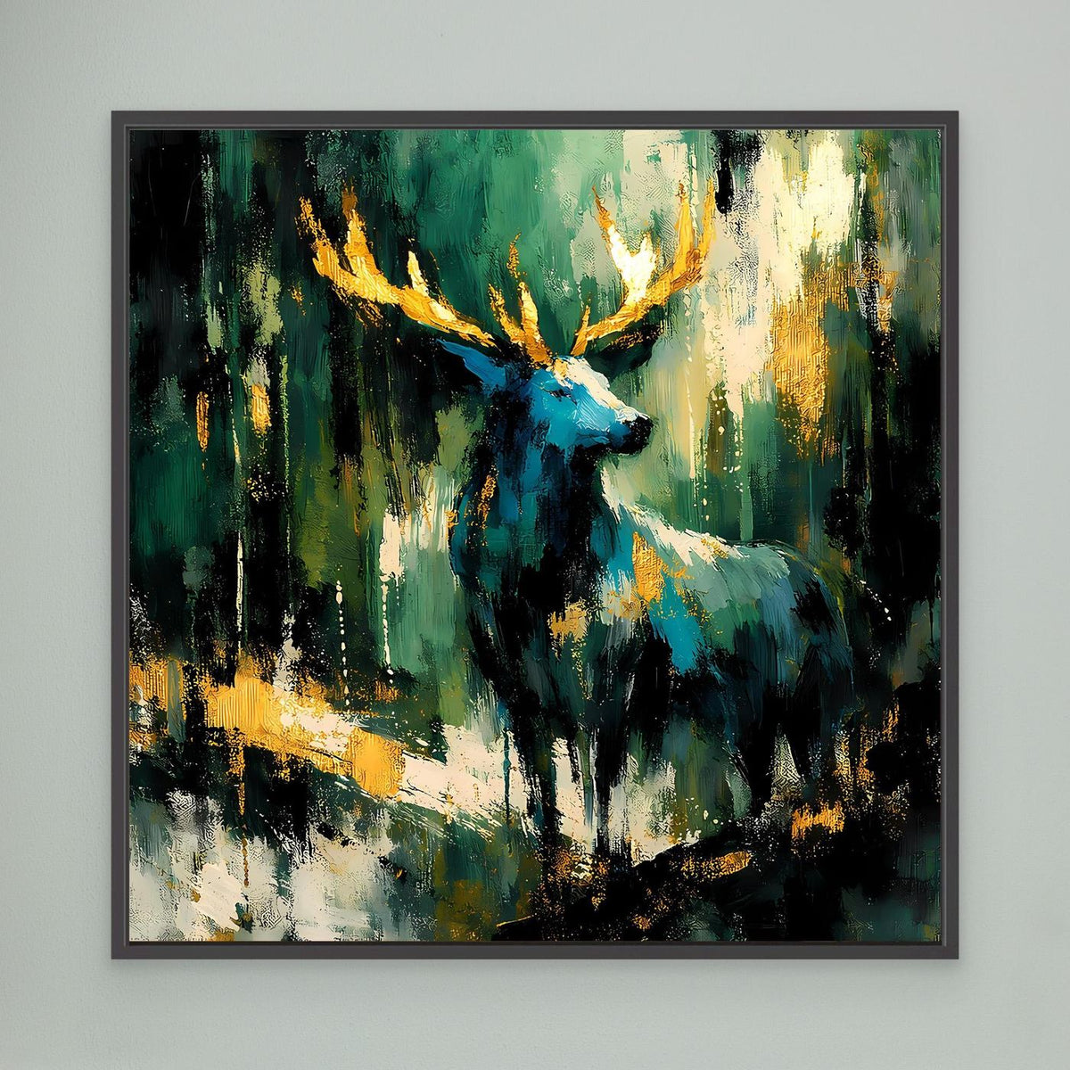 Leinwand-Wandbild mit schwarzem Rahmen: abstrakter Hirsch in Grün, Blau und Gold