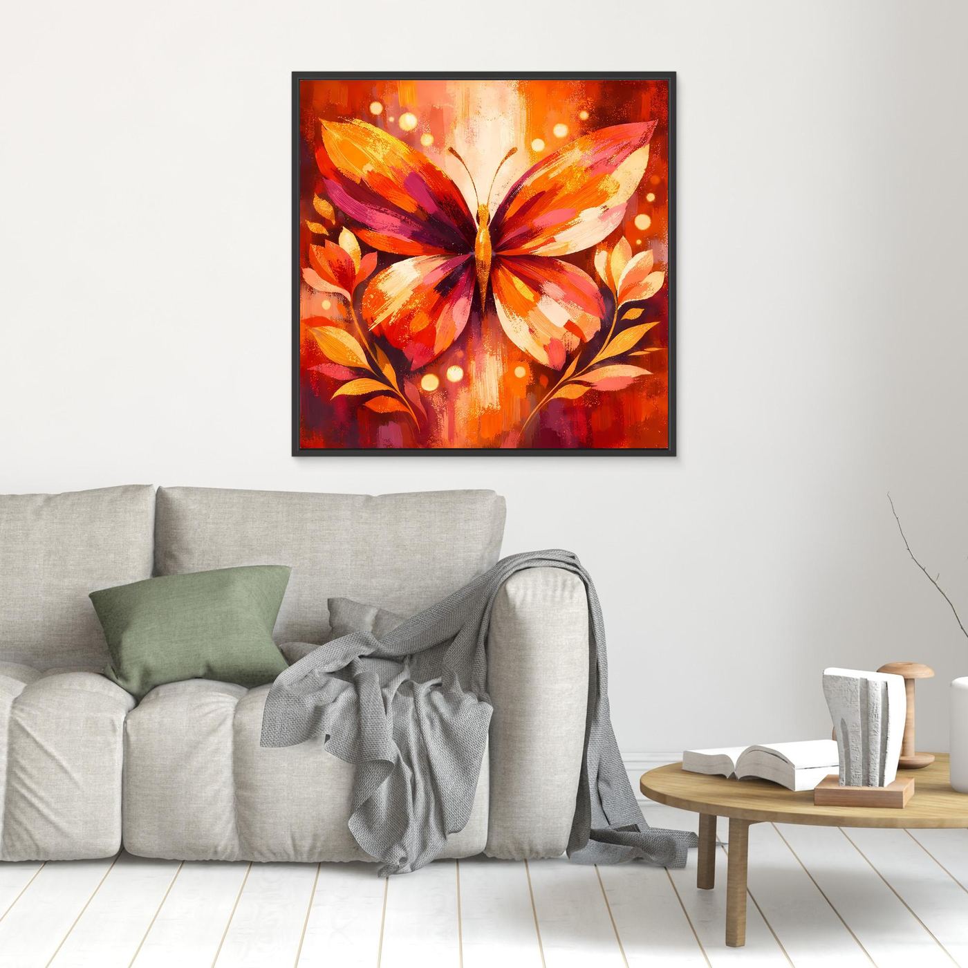 Gerahmtes kleines Leinwandbild mit Schmetterling-Motiv in Orange und Violett, dunkler Rahmen