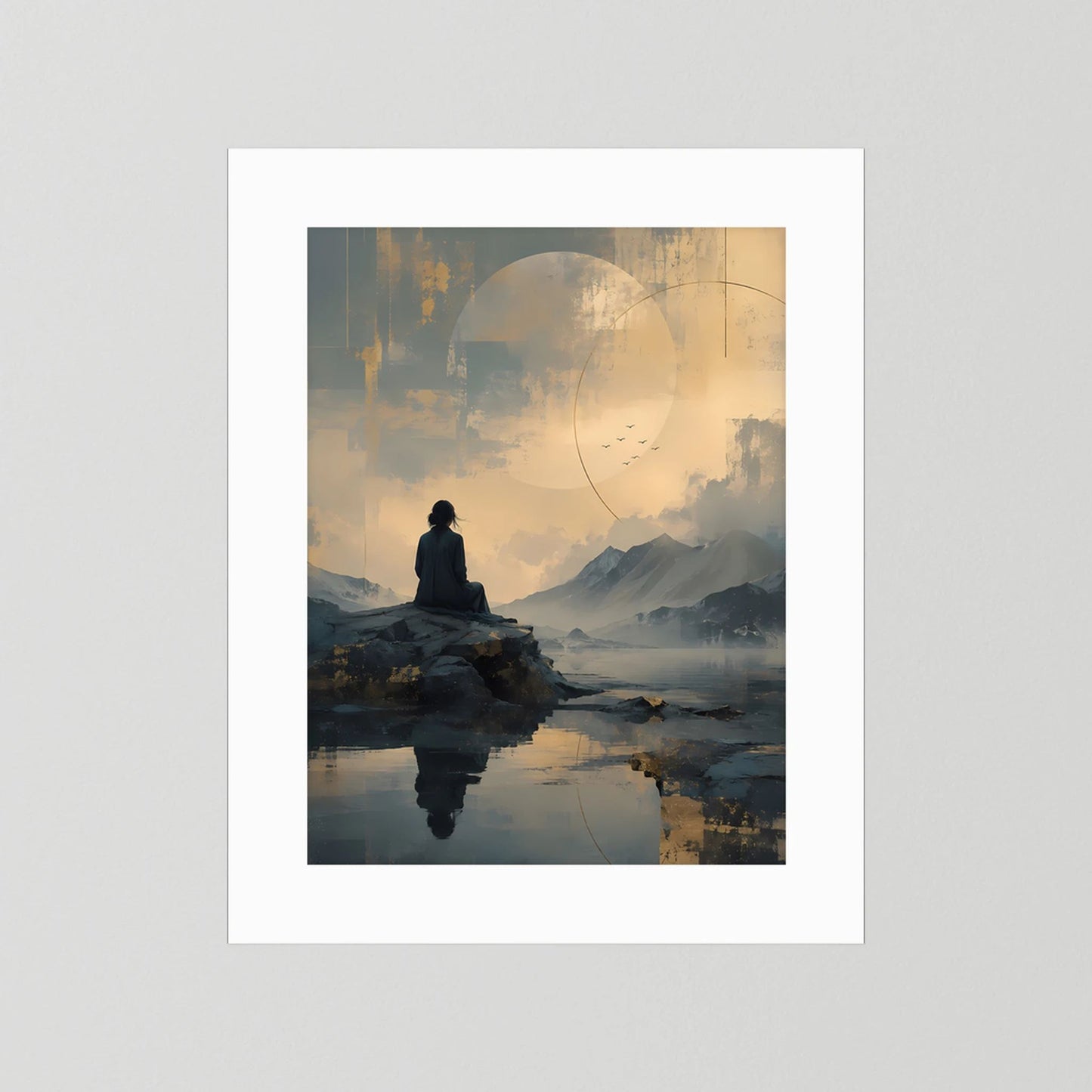 Poster im Hochformat mit weißem Rahmen und Innenrand; abstrakte Landschaft mit sitzender Figur.