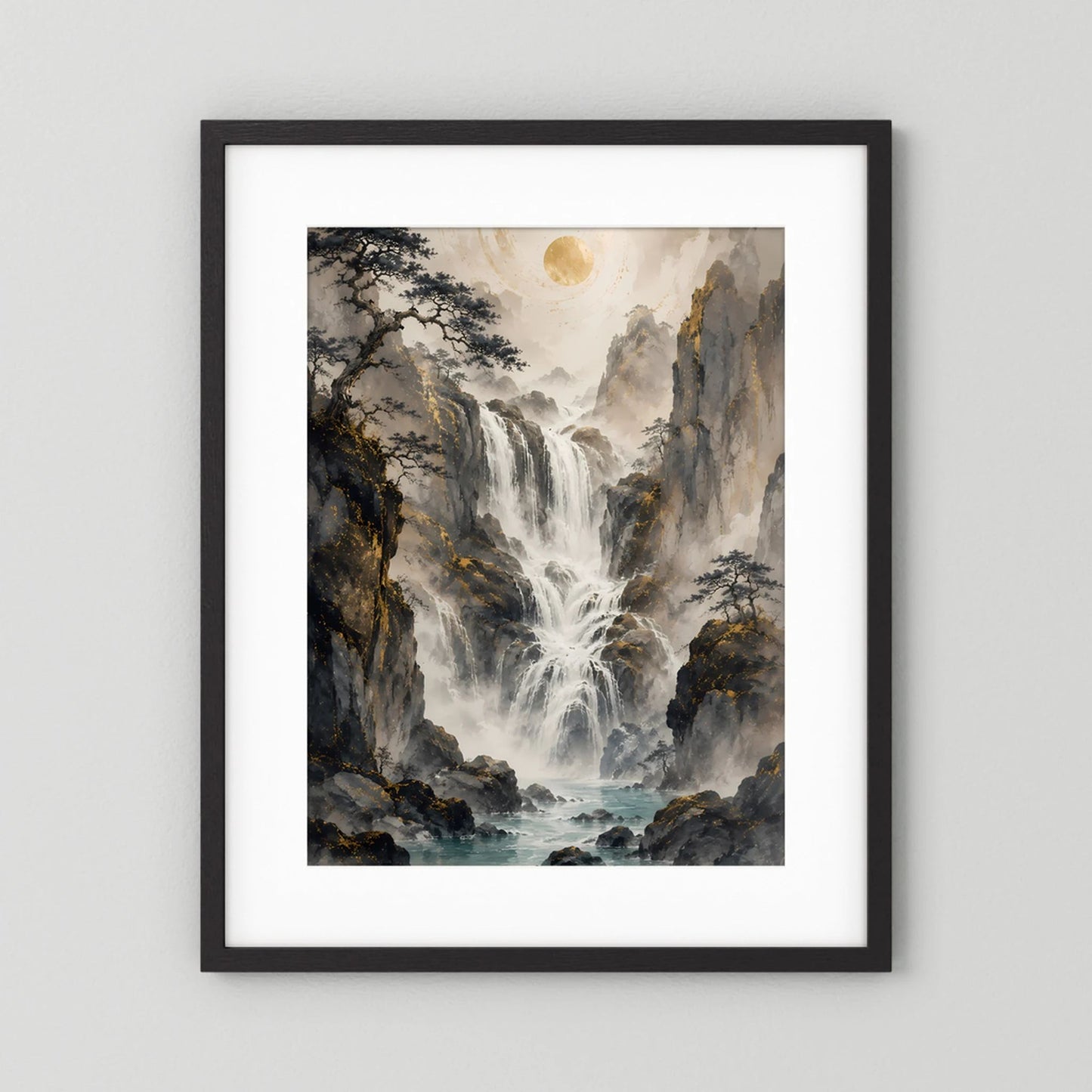 Hochformat-Poster mit Wasserfall in Berglandschaft, schwarzer Rahmen, weißes Passepartout