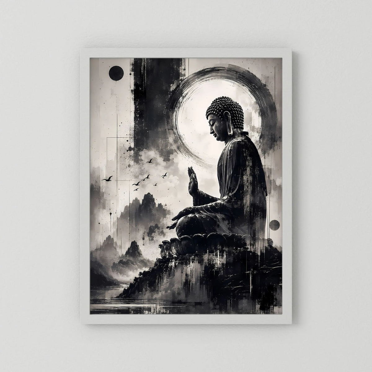 Poster mit Buddha-Motiv, Schwarzweiß, im weißen Rahmen mit weißem Passepartout