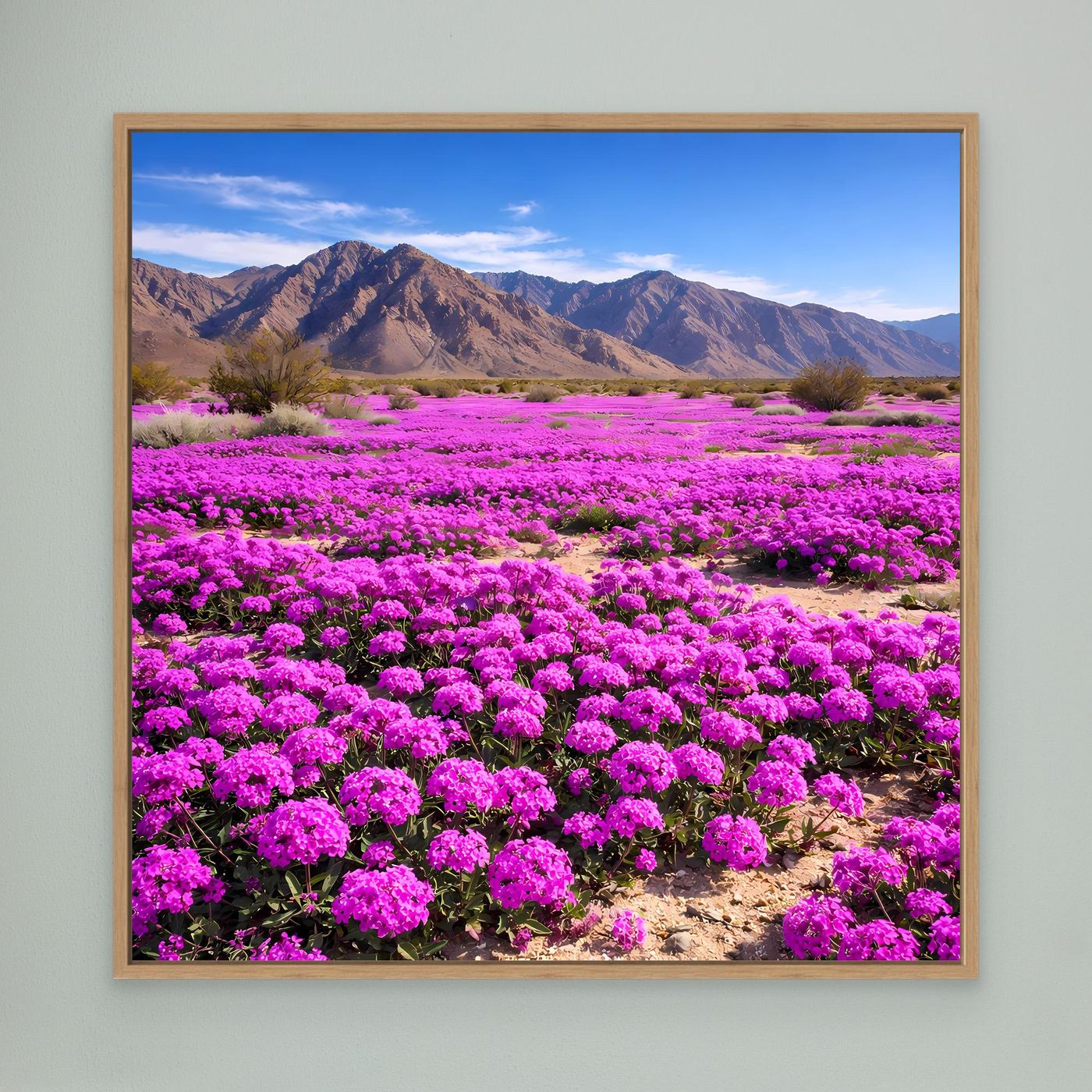 Leinwandbild mit violettem Blütenfeld und Bergpanorama, Eichenholzrahmen