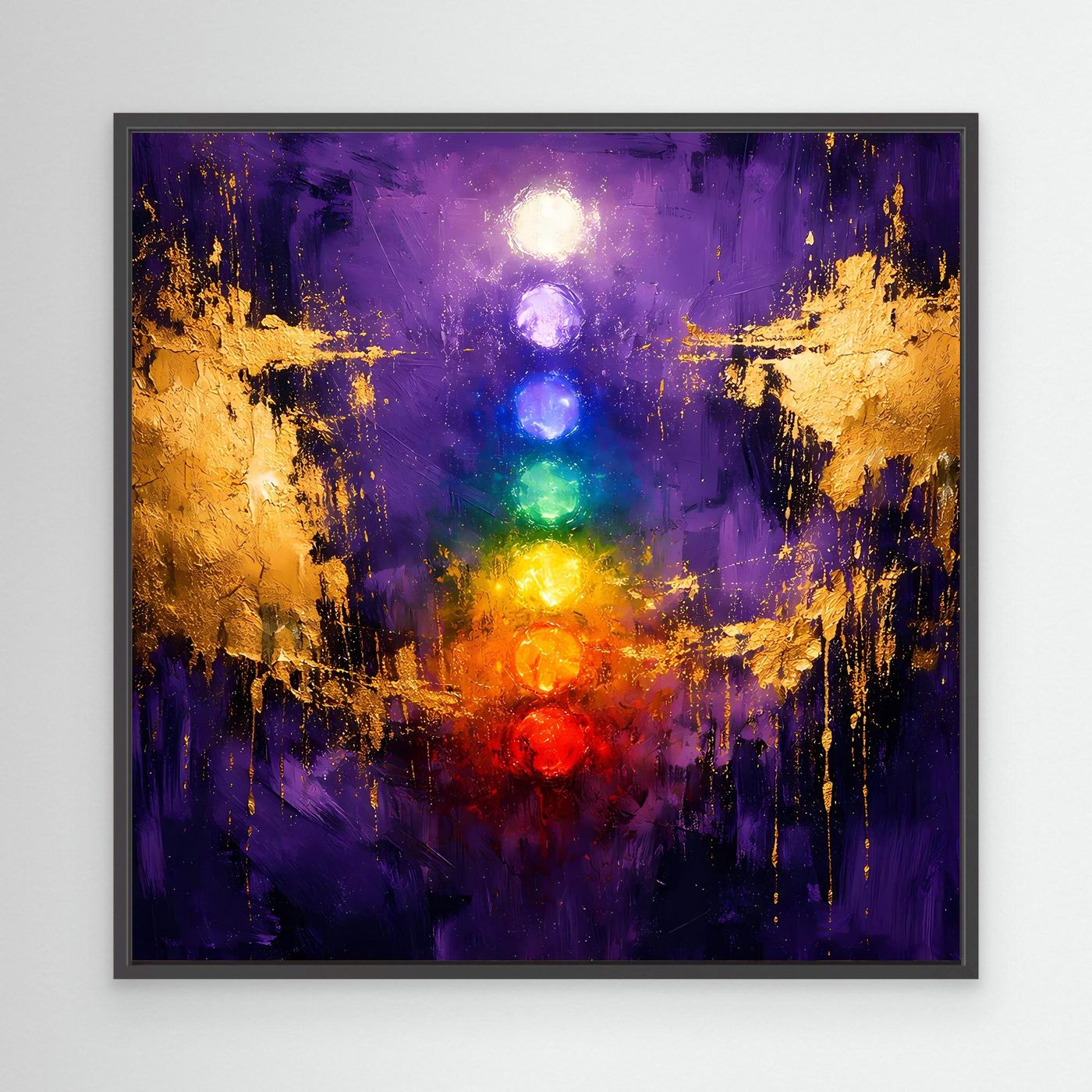 Leinwand Sieben Chakren auf tiefem Violett | Modernes Spirituelles Yoga Wandbild