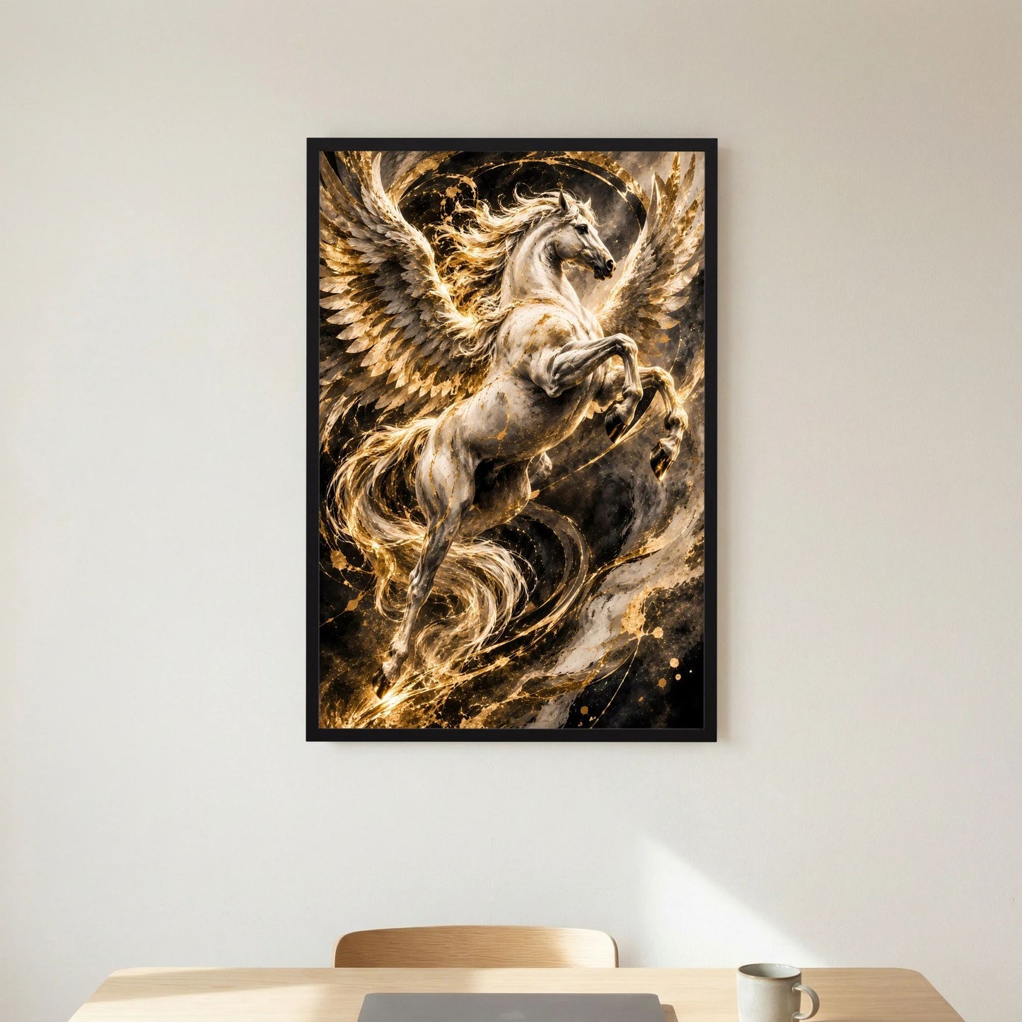 Pegasus-Poster im schwarzen Rahmen mit goldenen Konturen und wehenden Mähnen