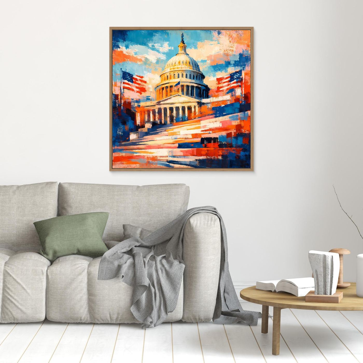 Leinwand-Wandbild mit abstraktem US-Kapitol und Flaggen, braun gerahmt.