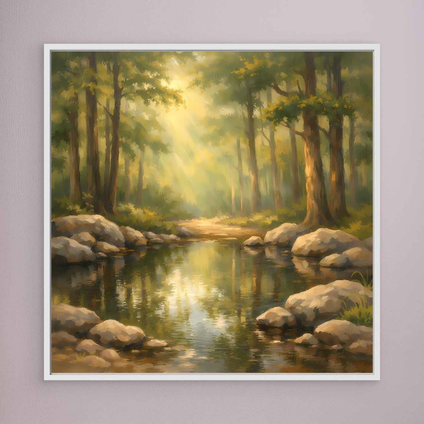Leinwandbild Wald und Bach mit Sonnenstrahlen, weißer Rahmen