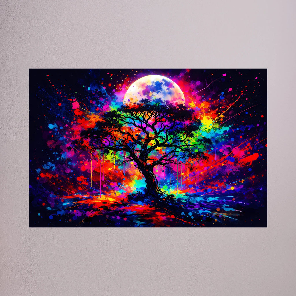 Ungefasstes Neon-Wandposter: Lebensbaum unter Vollmond mit farbigen Sprenkeln