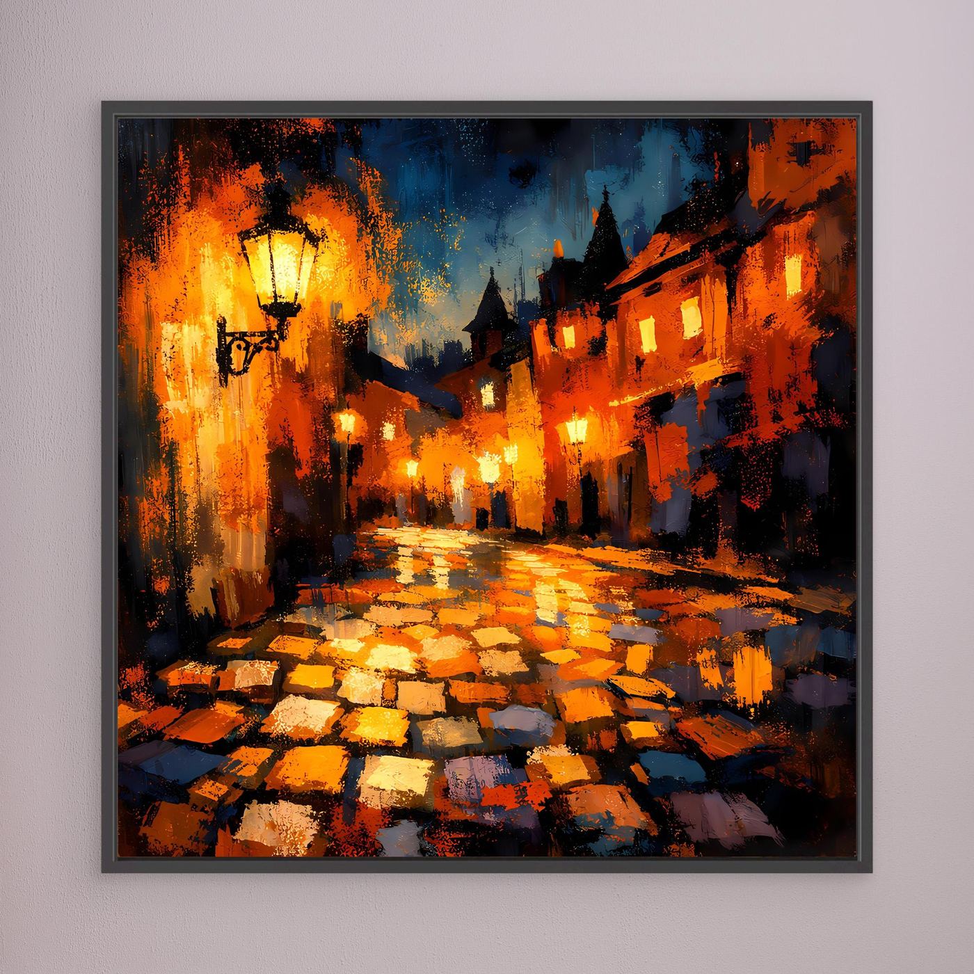 Leinwand Abstraktes Altstadt Gemälde | Modernes Romantisches Gassen Wandbild bei Nacht