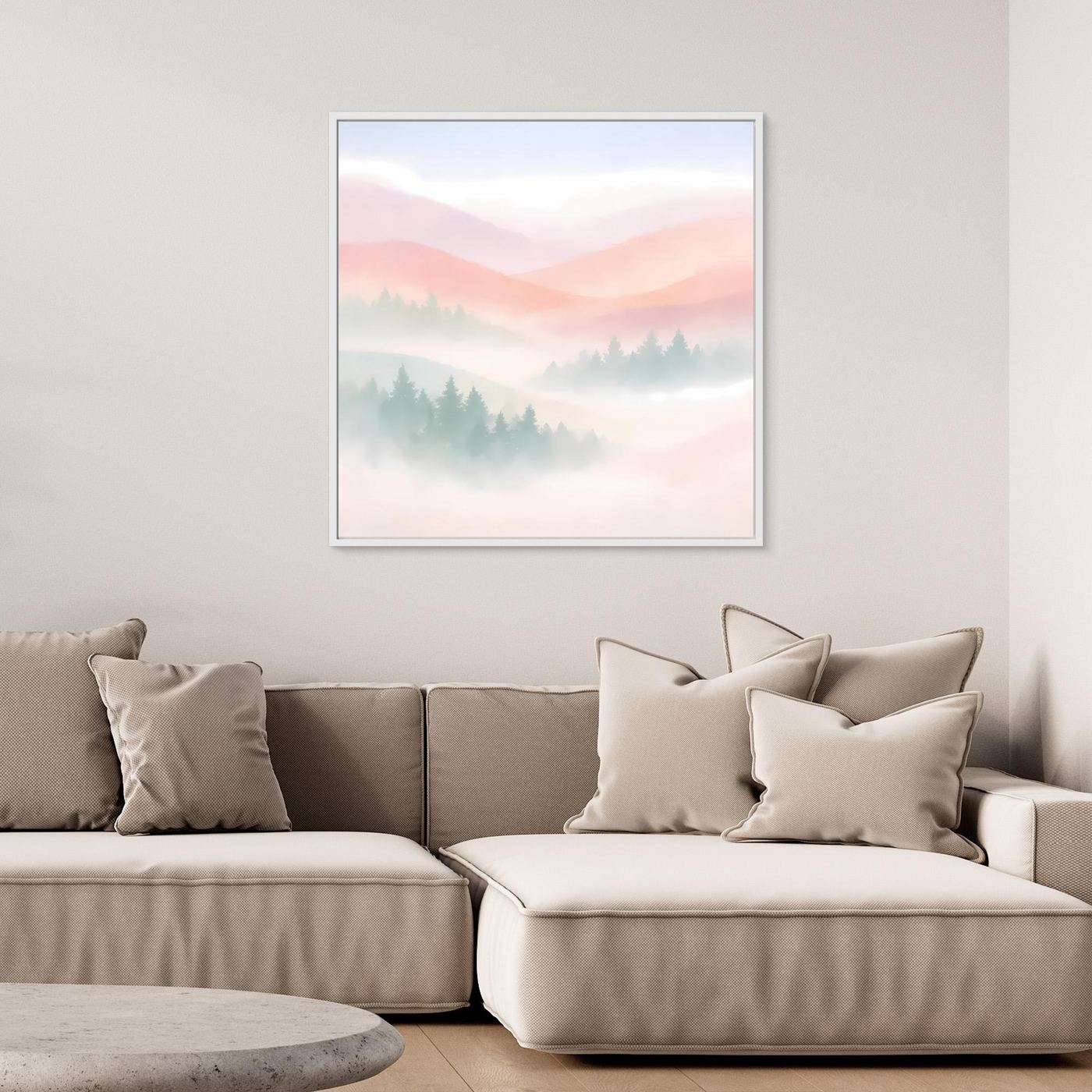 Leinwandbild im weißen Rahmen mit pastellfarbenem Bergmotiv und Morgennebel