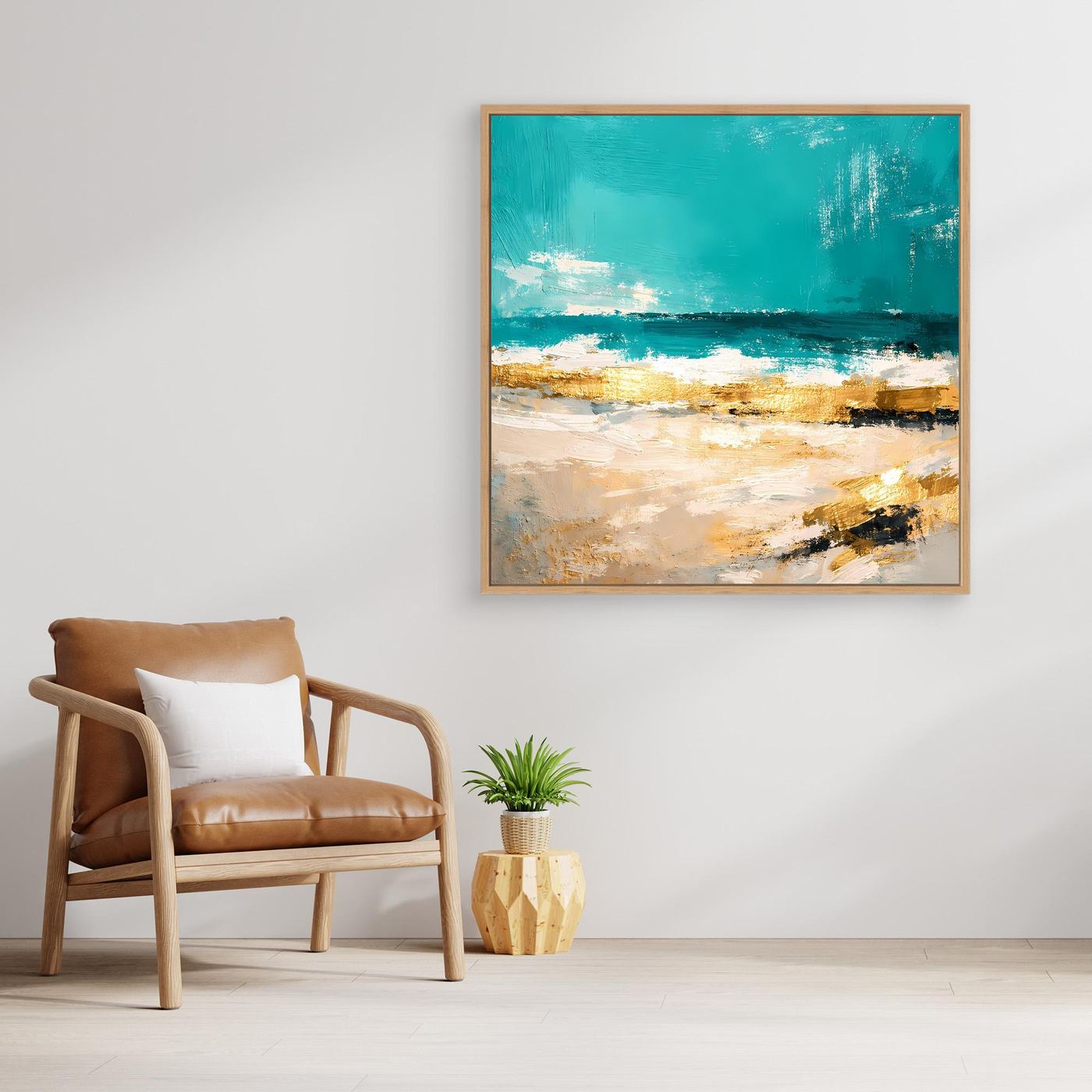 Leinwand Abstraktes Strandgemälde in Türkis und Gold | Modernes Meer Wandbild