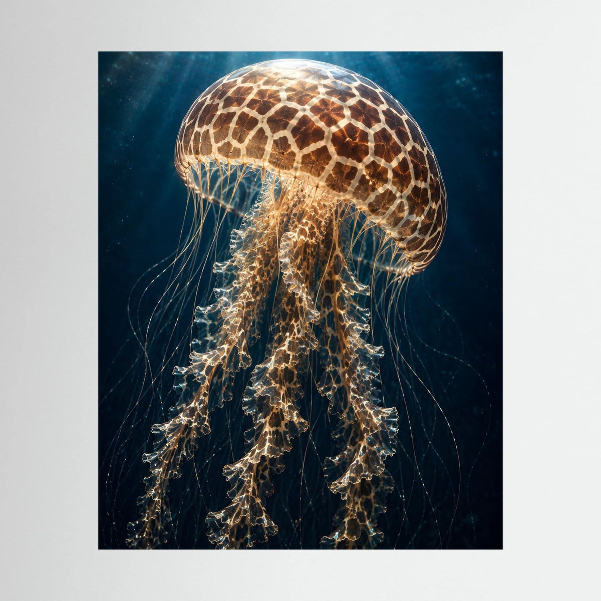 Leuchtendes Quallenposter mit goldbraunem Muster und langen Tentakeln auf dunklem Blau