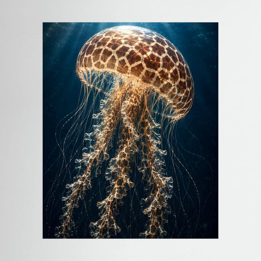 Leuchtendes Quallenposter mit goldbraunem Muster und langen Tentakeln auf dunklem Blau