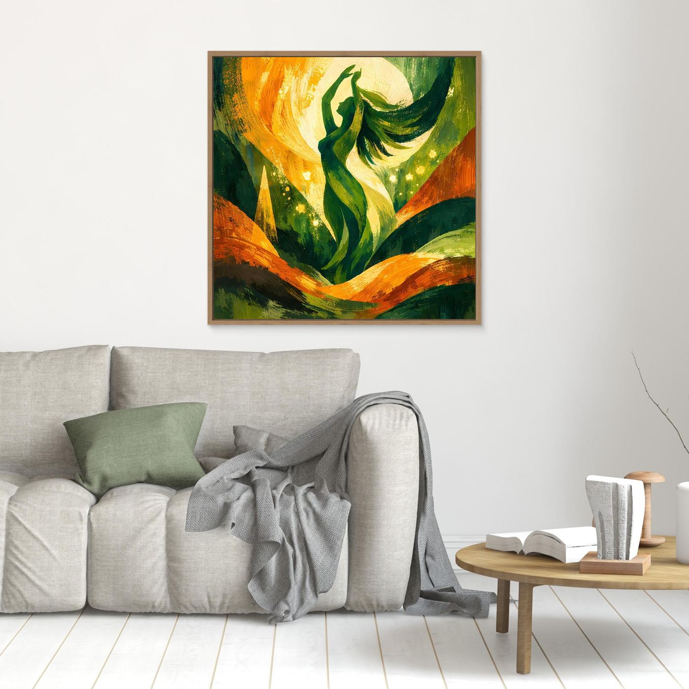 Kleines Leinwand-Wandbild mit grüner Göttinnenfigur, gelbem Kreis, goldbraun gerahmt