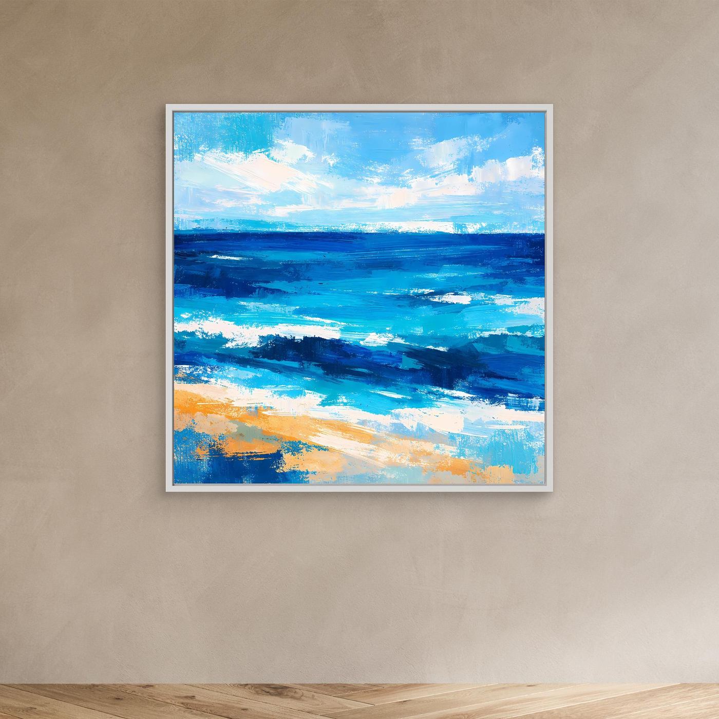 Abstract ocean canvas wall art with blue waves and sandy accents, white-framed