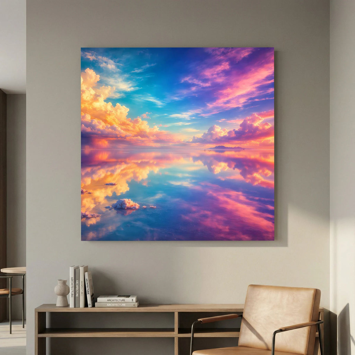 Leinwandbild auf Holzkeilrahmen: farbiger Sonnenuntergang mit Wolkenspiegelung