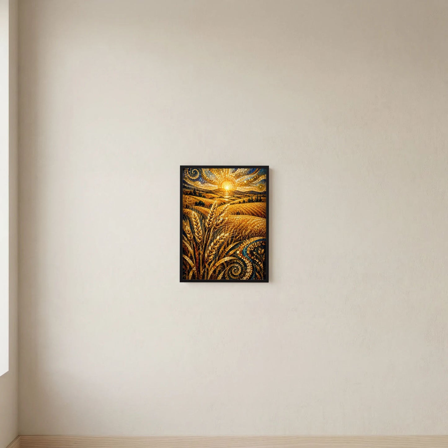 Gerahmtes Poster mit goldenem Weizenfeld, Mosaikoptik und strahlender Sonne