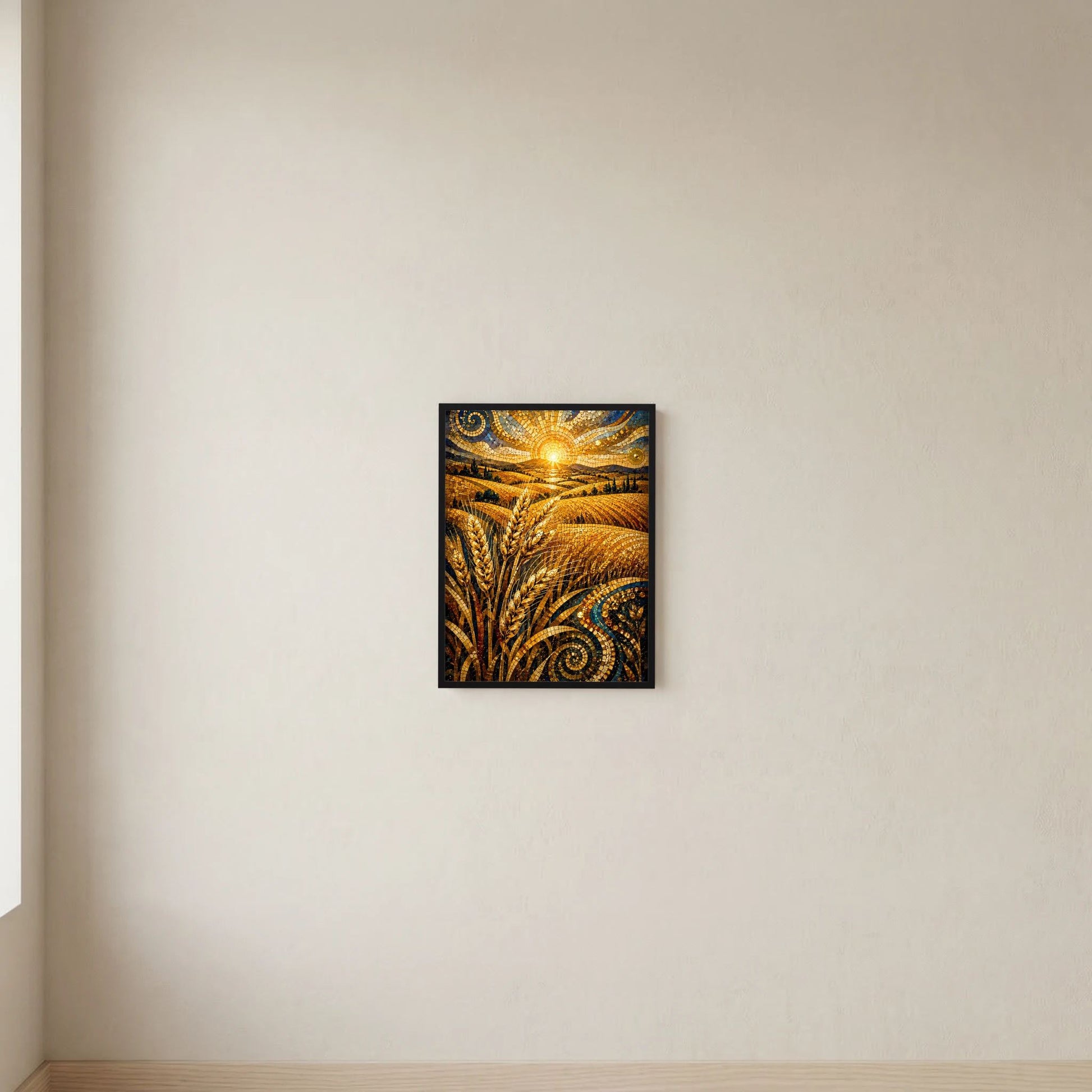 Gerahmtes Poster mit goldenem Weizenfeld, Mosaikoptik und strahlender Sonne