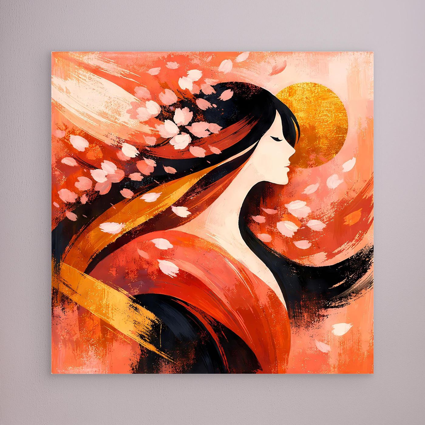 Leinwandbild mit Geisha im Profil, Kirschblüten und goldenem Mond, ohne sichtbaren Rahmen