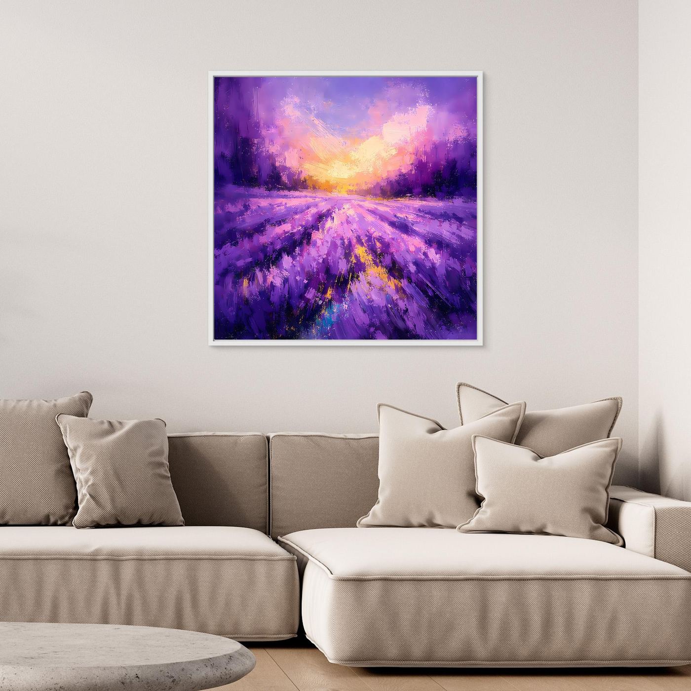 Gerahmtes Leinwandbild mit violettem Lavendelfeld und heller Sonne am Horizont