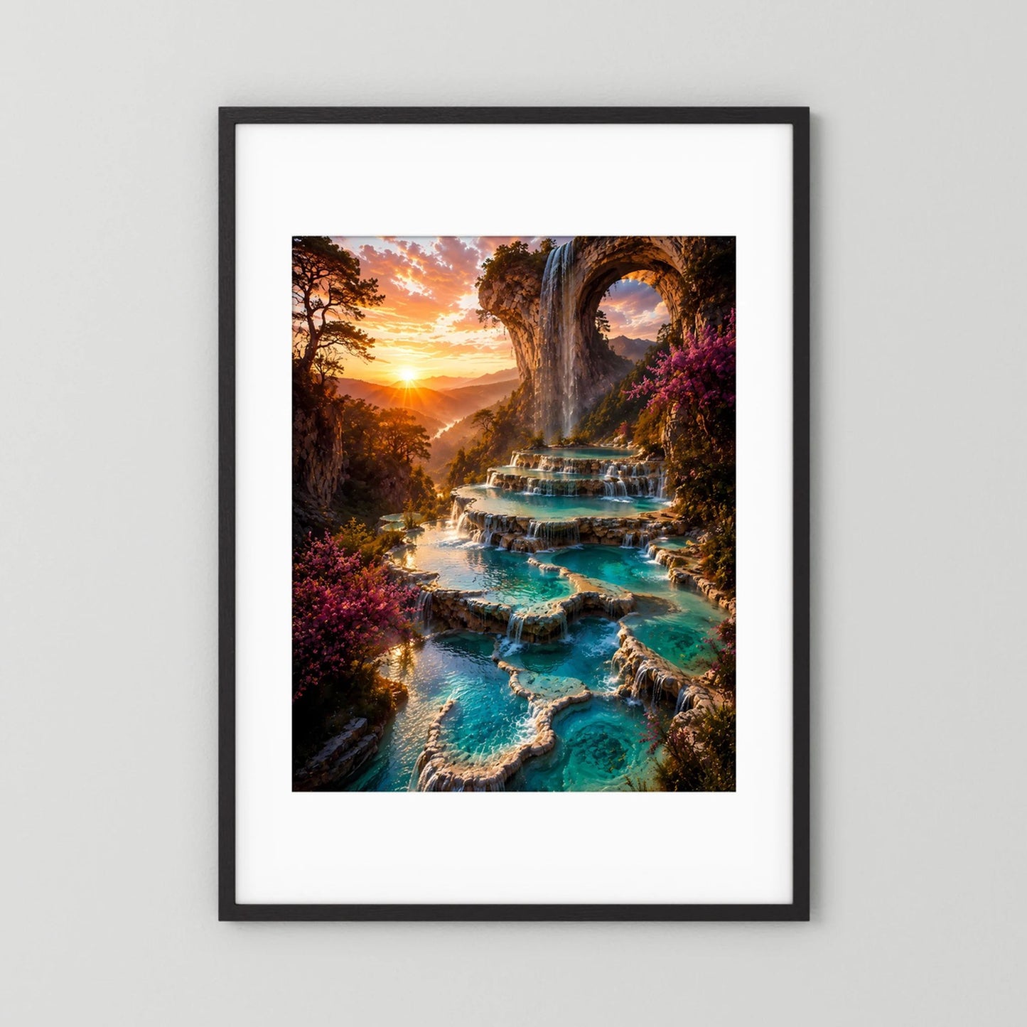 Kunstposter Hochformat mit schwarzem Rahmen und weißem Rand, Wasserfall in türkisfarbenen Becken