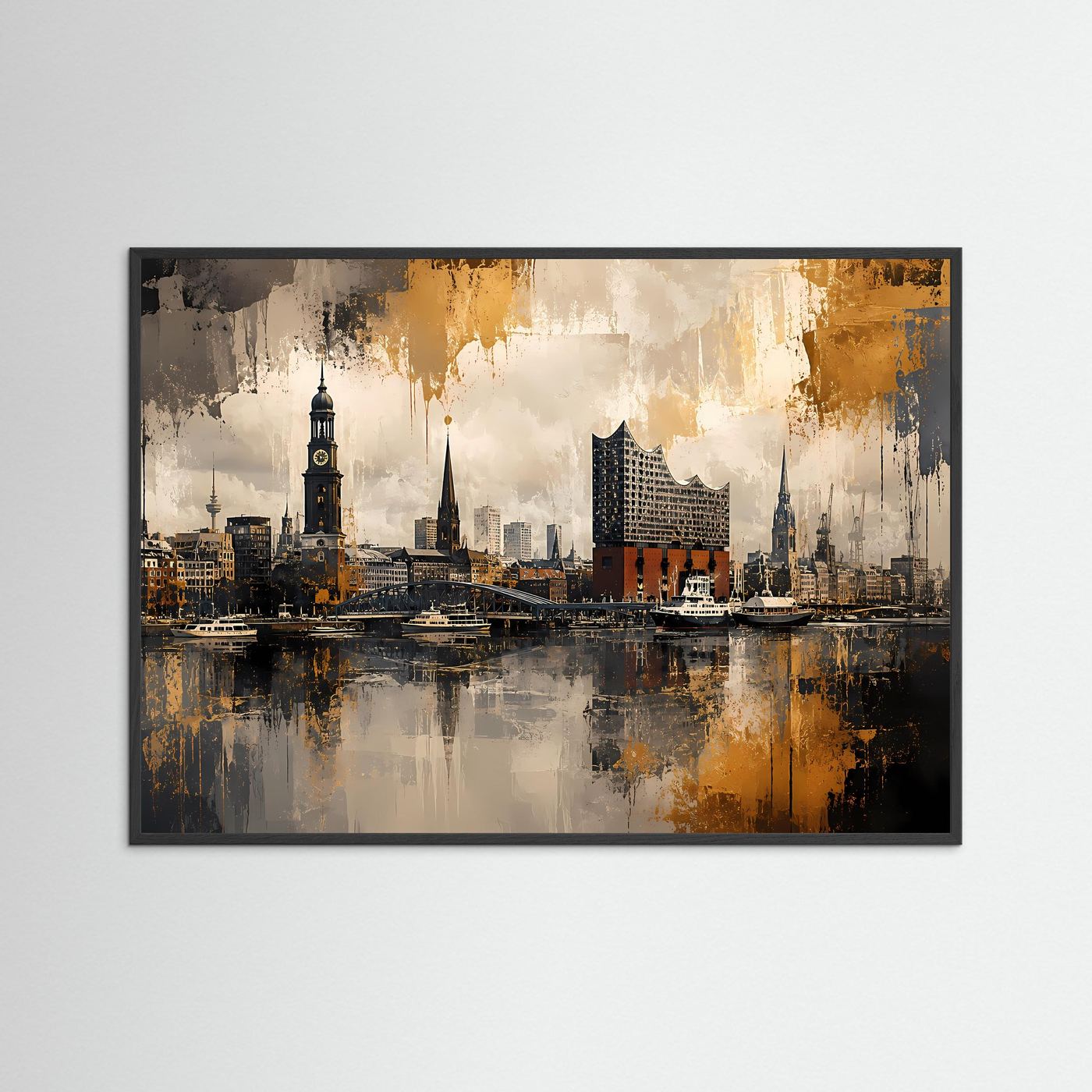 Hamburg Skyline an den Landungsbrücken | Abstraktes Hafen-Poster im Querformat