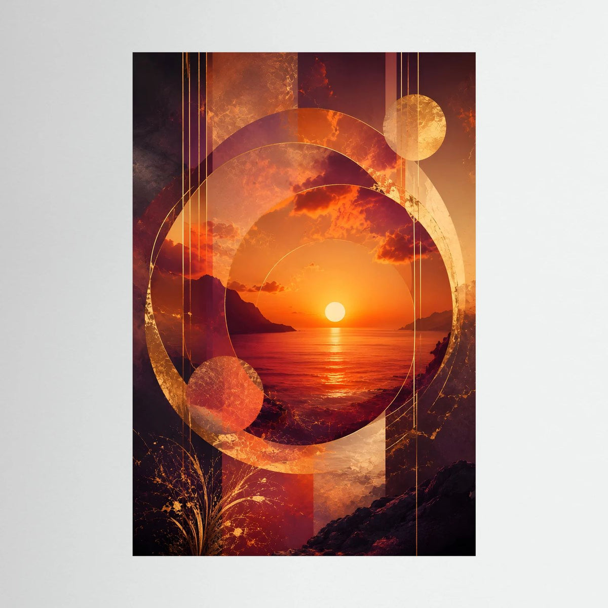 Abstraktes Sonnenuntergangs-Poster mit goldenen und orangefarbenen Kreisen über Küstenmeer