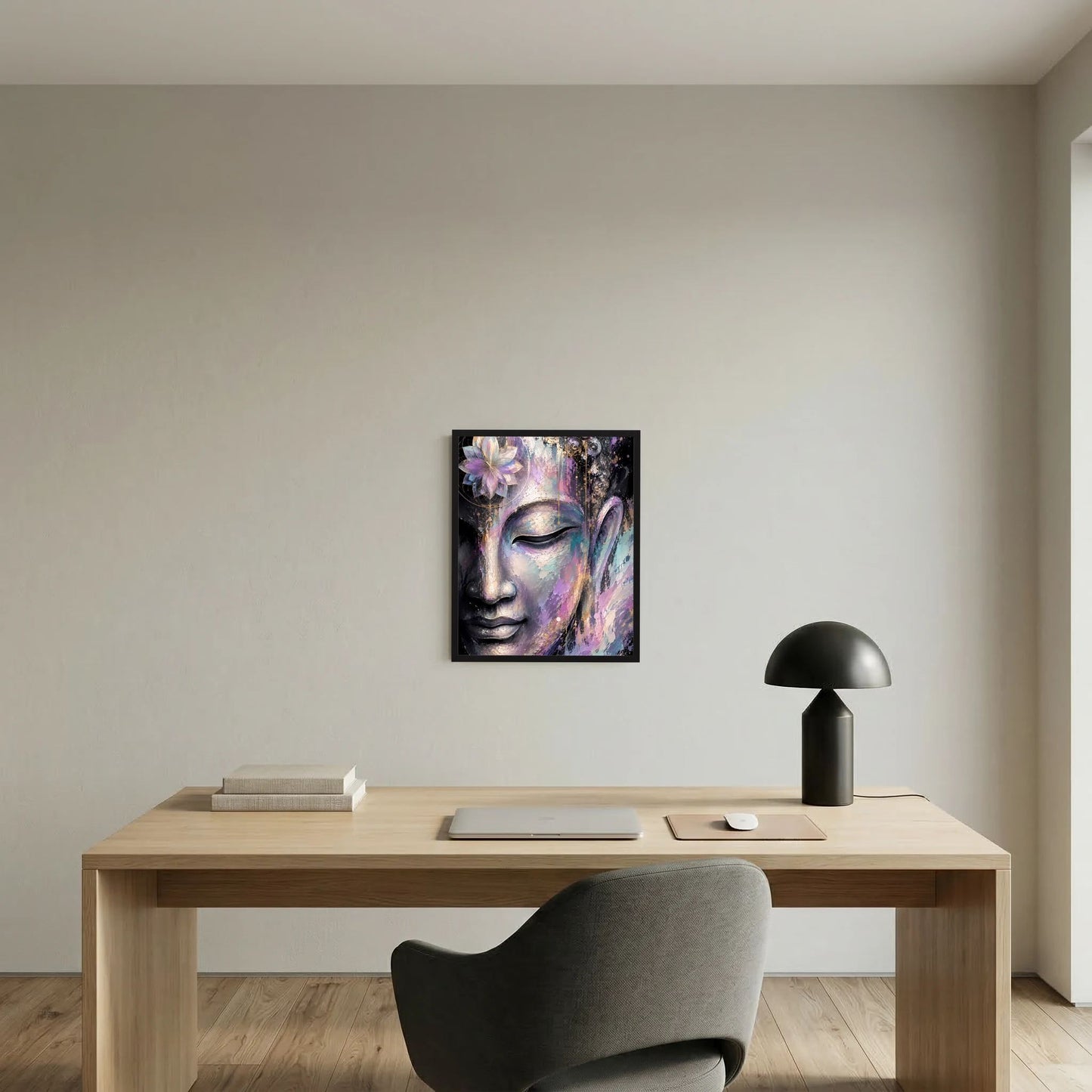 Kunstposter an der Wand: abstraktes Buddha-Gesicht in Violett, Türkis und Creme