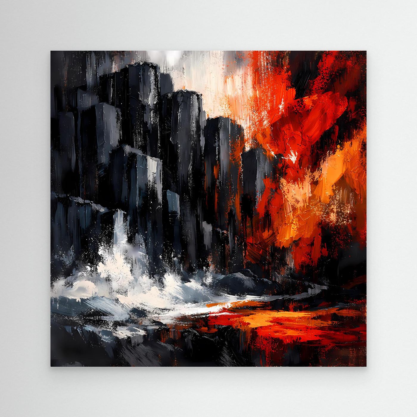 Abstraktes Leinwand-Wandbild mit dunklen Felsklippen, Rot-Orange und weißen Farbspritzern