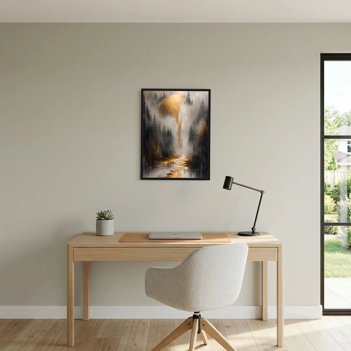 Schwarz gerahmtes Poster mit Waldfluss und Nebel, goldener Schein zwischen Bäumen