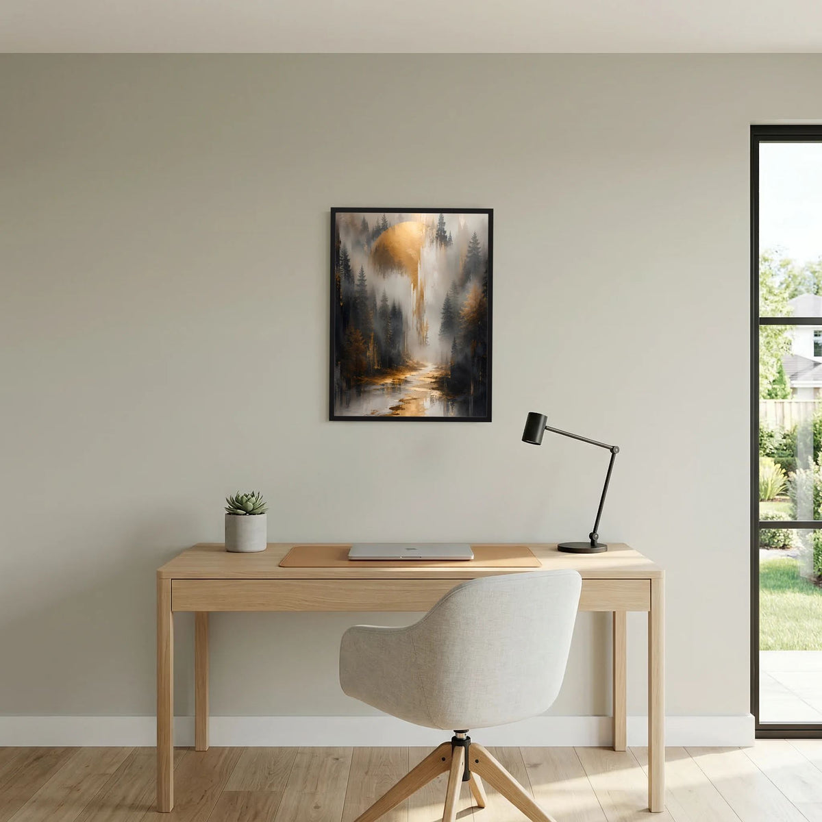 Schwarz gerahmtes Poster mit Waldfluss und Nebel, goldener Schein zwischen Bäumen