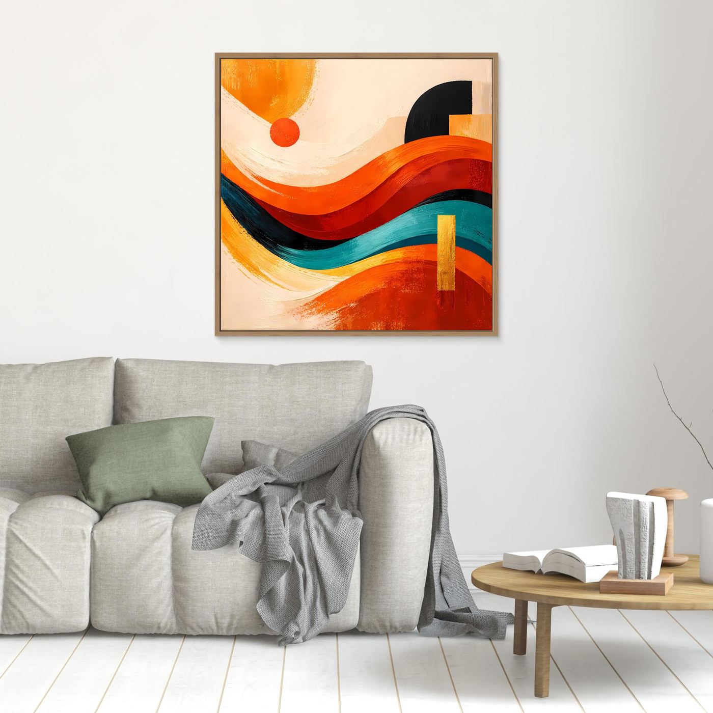 Abstraktes Leinwandbild mit Wellen und Dünen, Orange/Rot/Türkis, goldener Rahmen